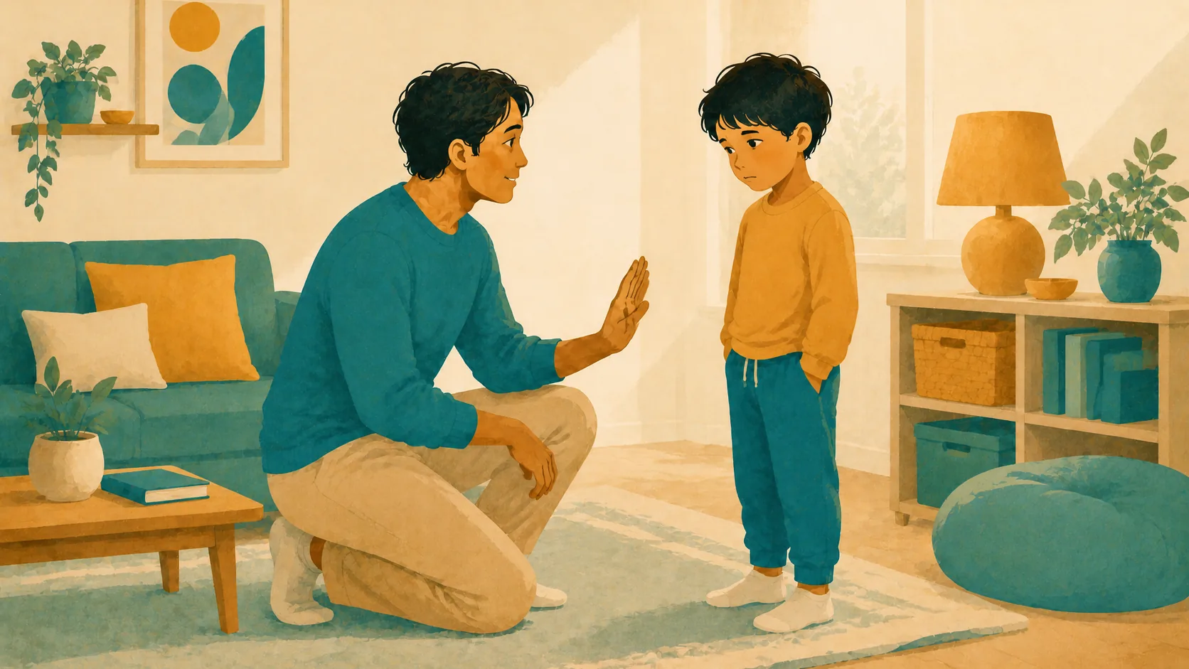A parent kneels and holds up one hand while speaking with a child.