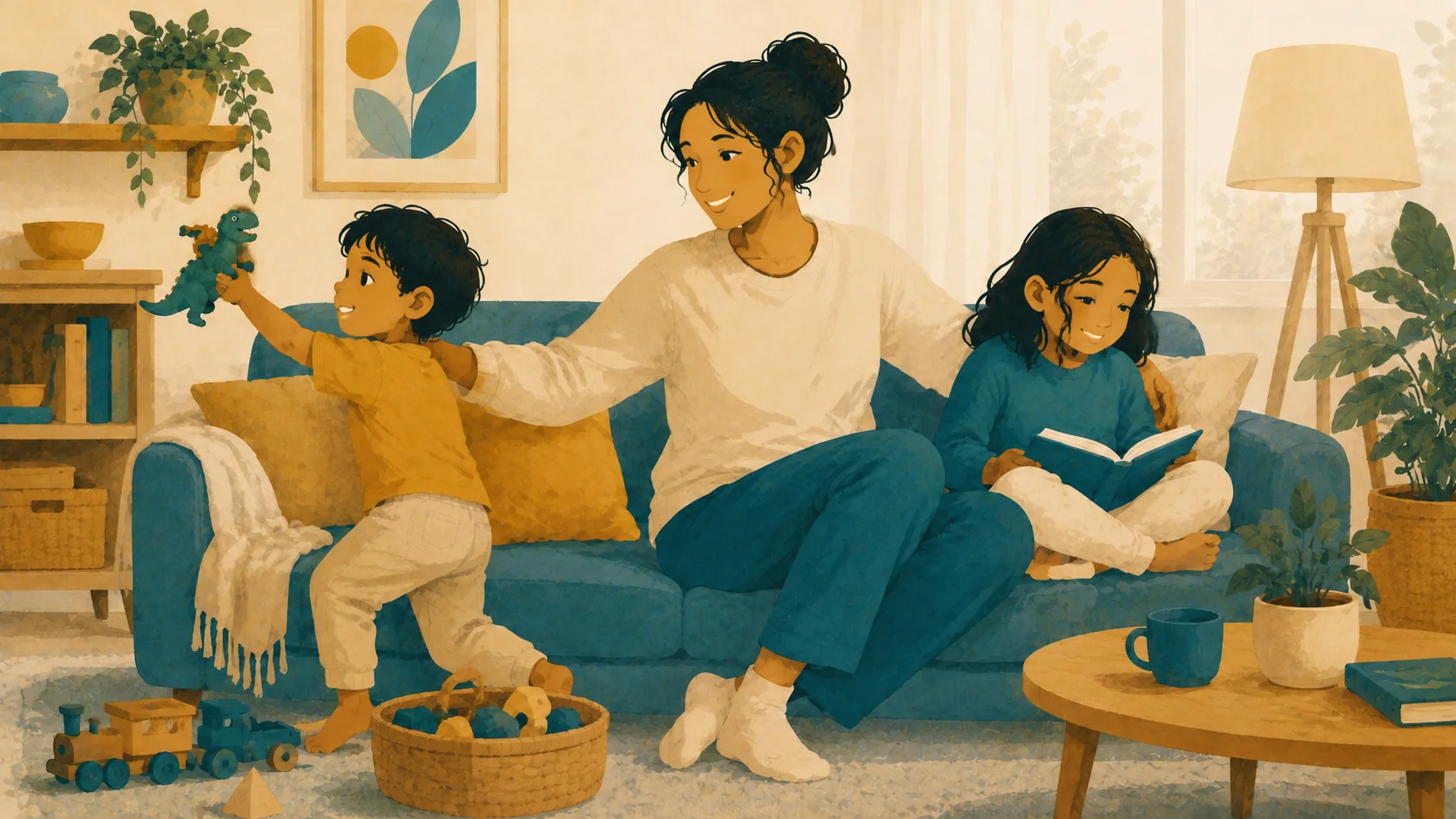 A parent sits between one child playing with a dinosaur and another reading on the sofa.