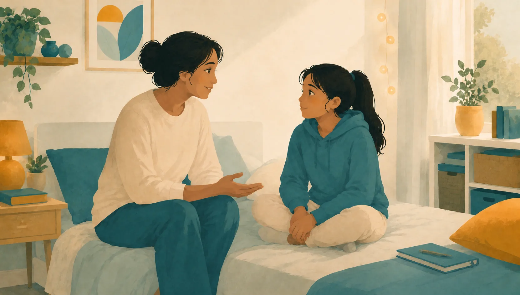 A parent and teenager sit facing each other on a bed during a conversation.