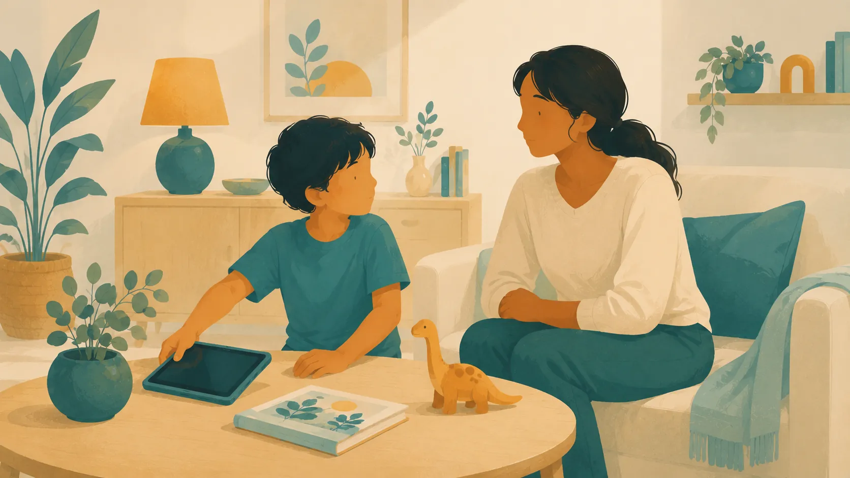 A child puts a tablet on a table while talking with a parent.