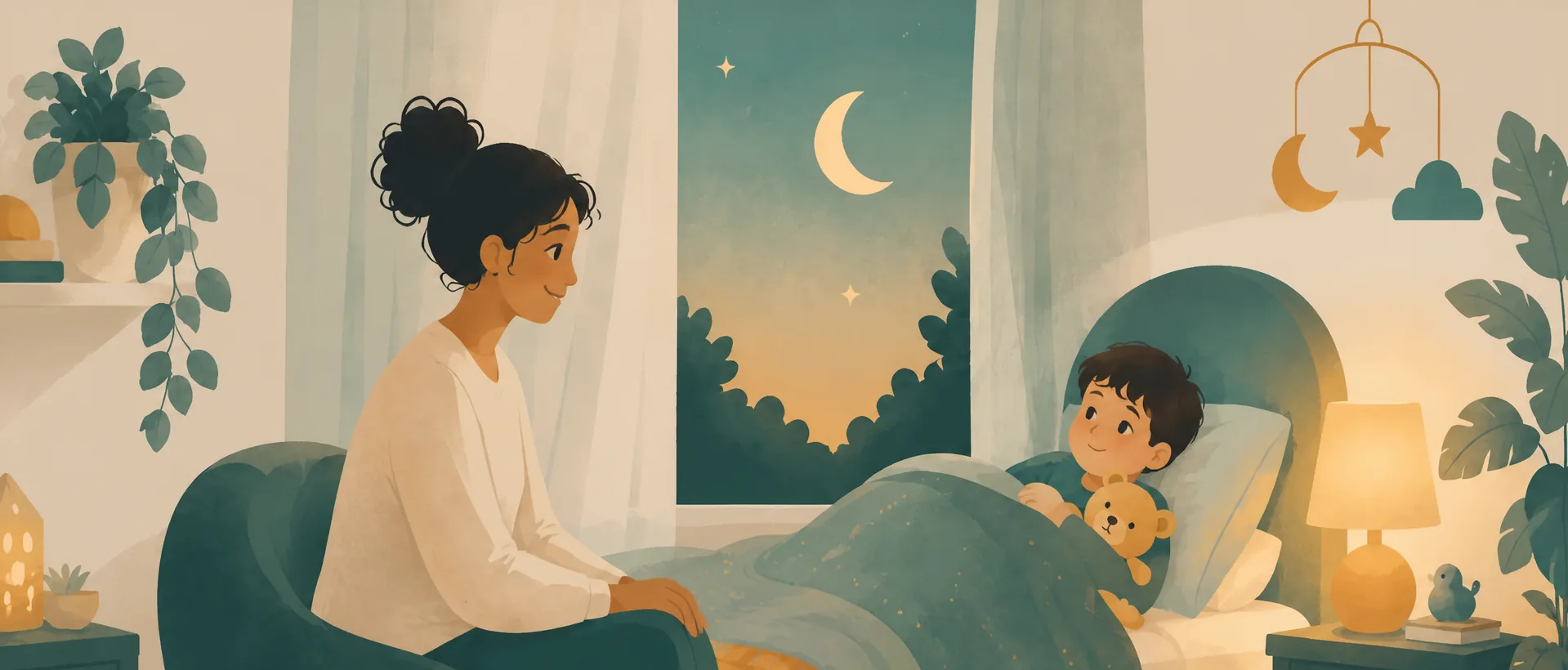 A parent settling their child into bed at dusk, a crescent moon through the window.