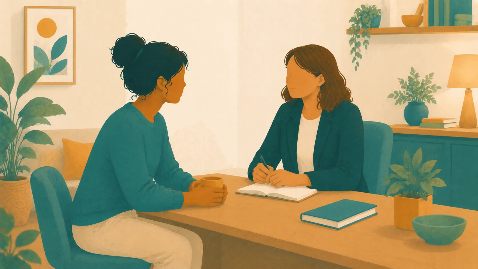 Two adults talk across a table while one writes in an open notebook.