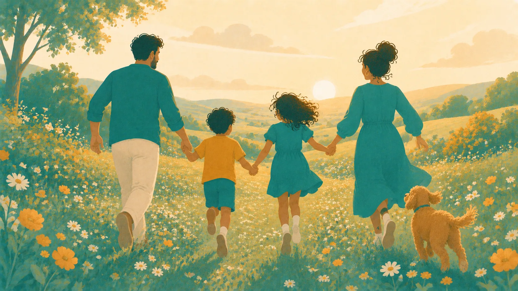 A family walking hand in hand through a sunlit wildflower meadow at golden hour.
