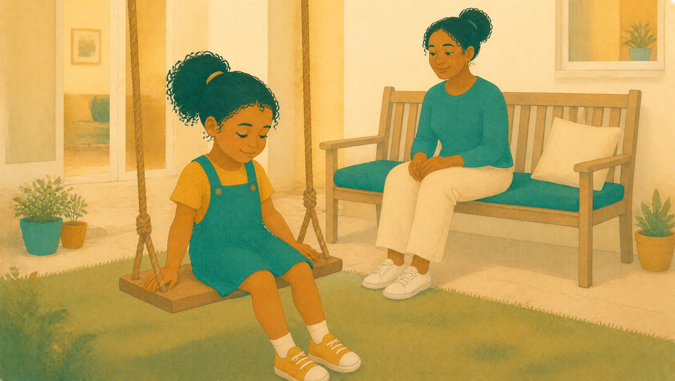 A young girl sits on a garden swing while her mother sits nearby on a bench, the two of them talking quietly at home.
