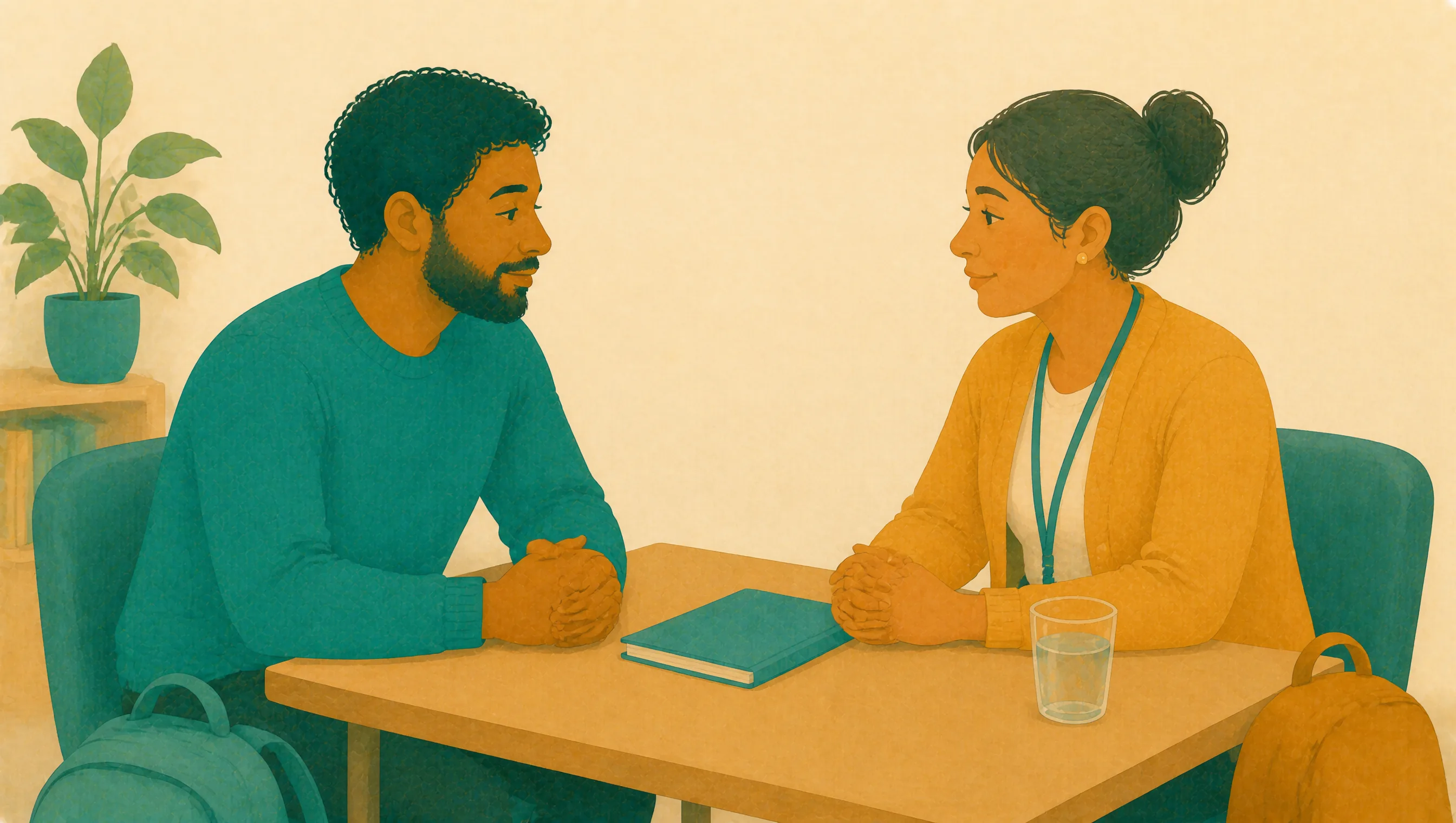 A parent and a member of school staff sit talking across a table, with a notebook and a glass of water between them.