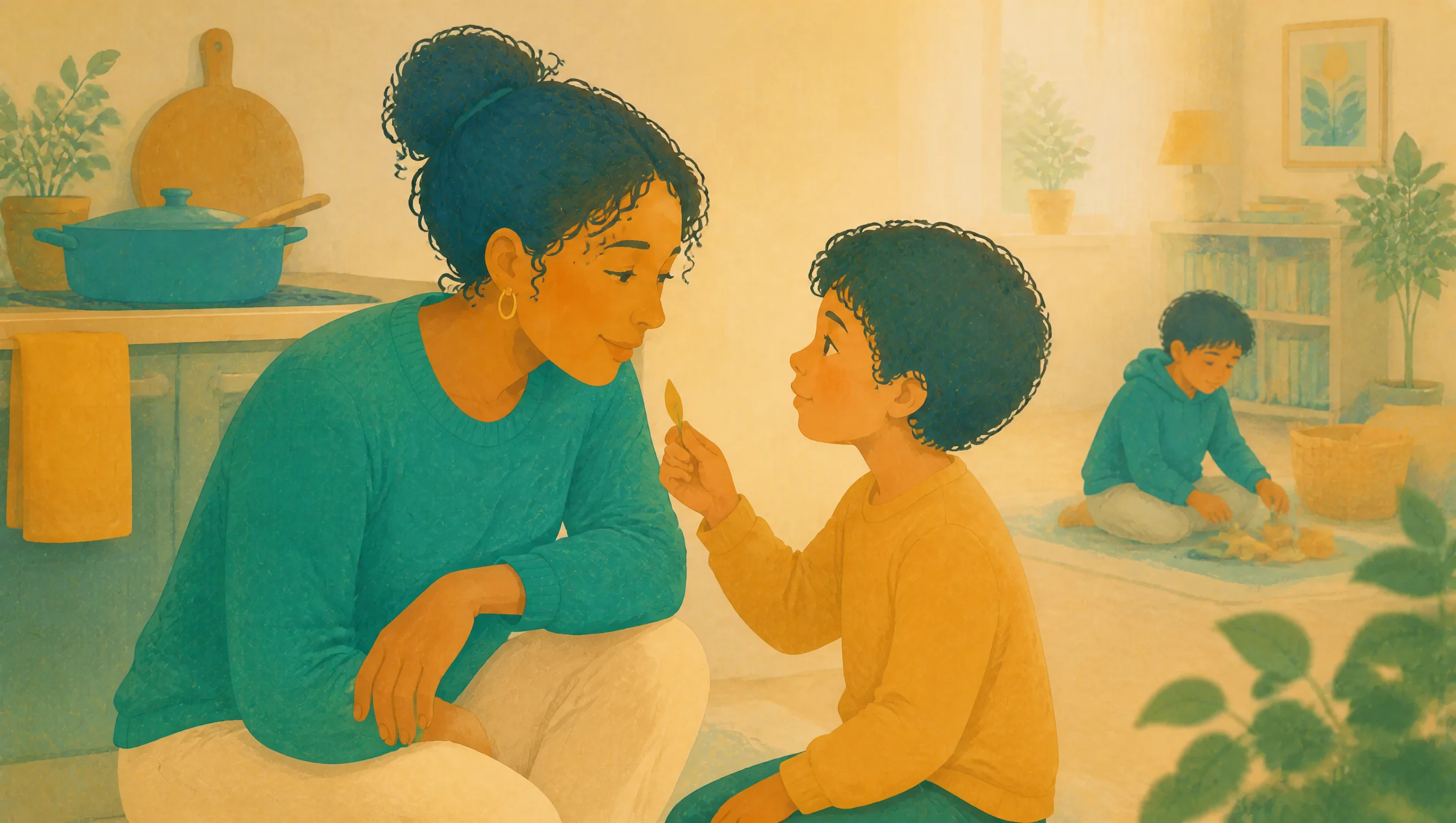 A woman crouches close to a young child, who holds up a small leaf between them, while another child plays on a rug in the background.