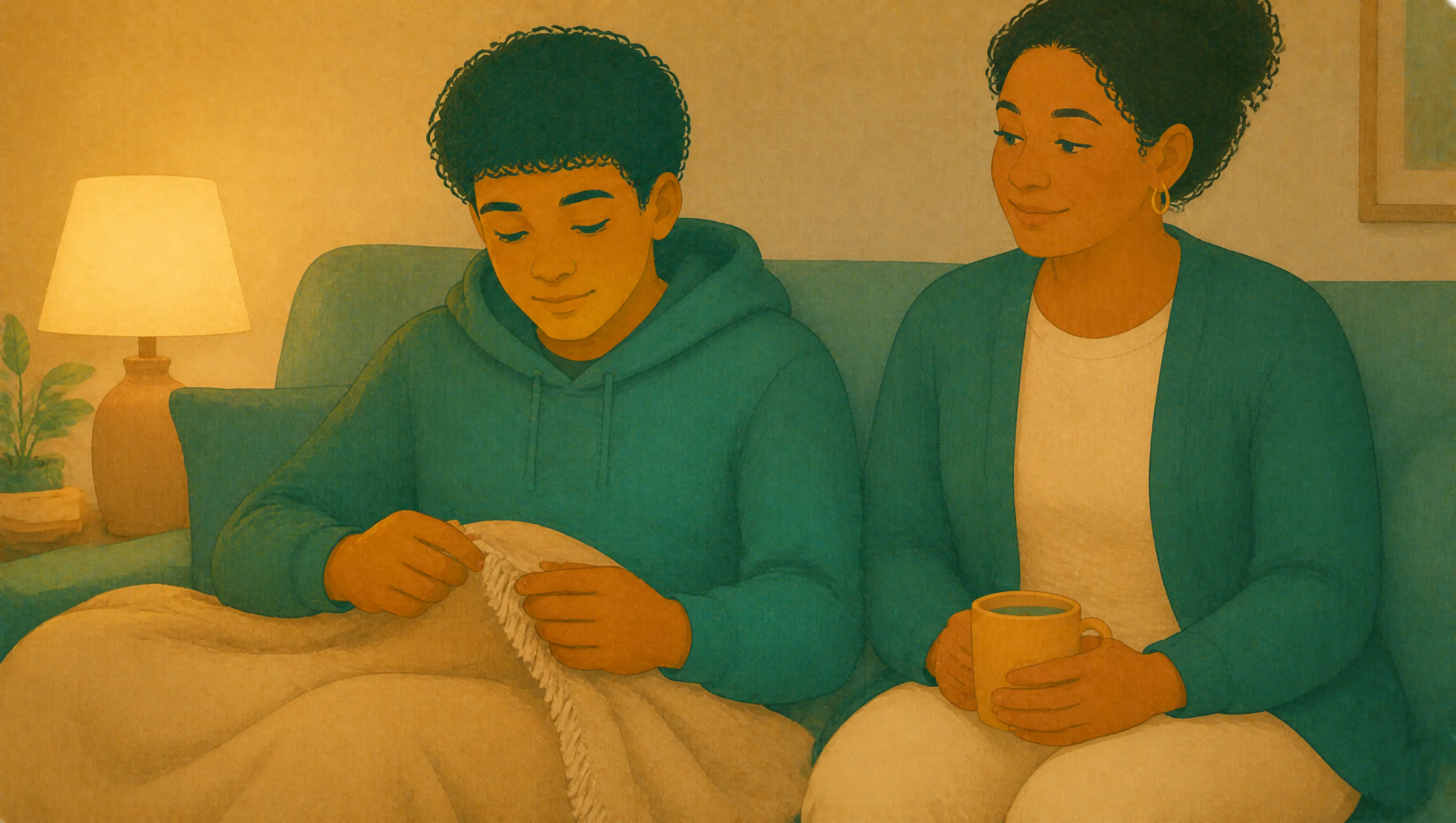 A teenage boy sits under a blanket working a fringed cord between his hands, while his mother sits beside him holding a mug of tea.