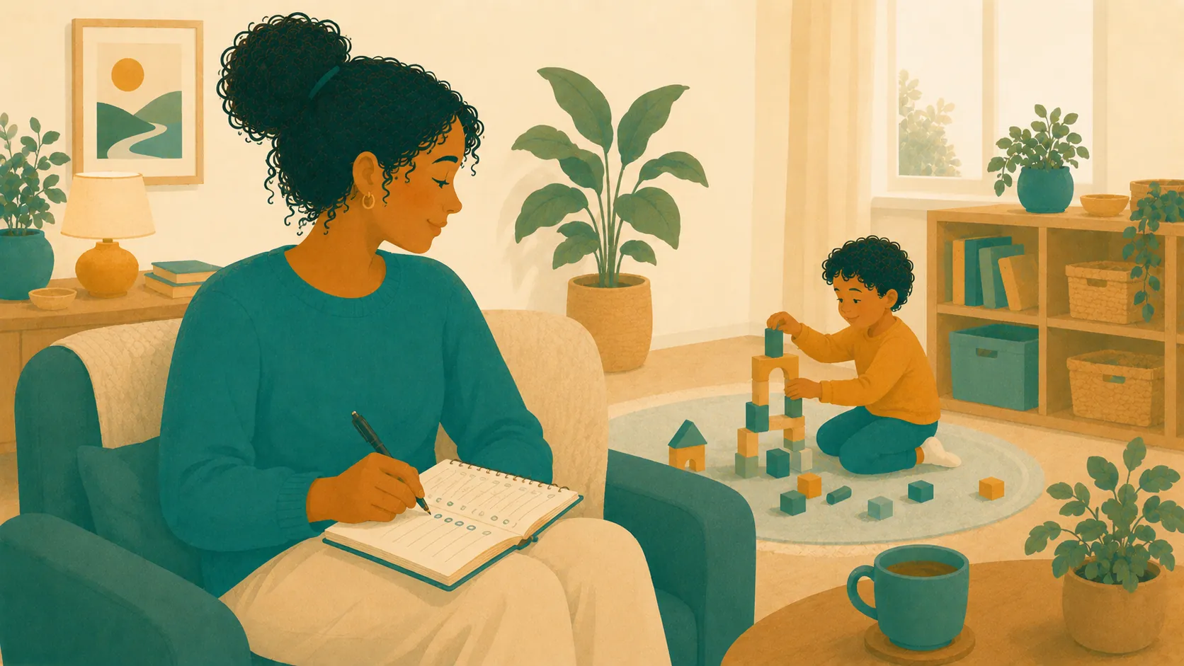 A parent writing observations while a child plays.