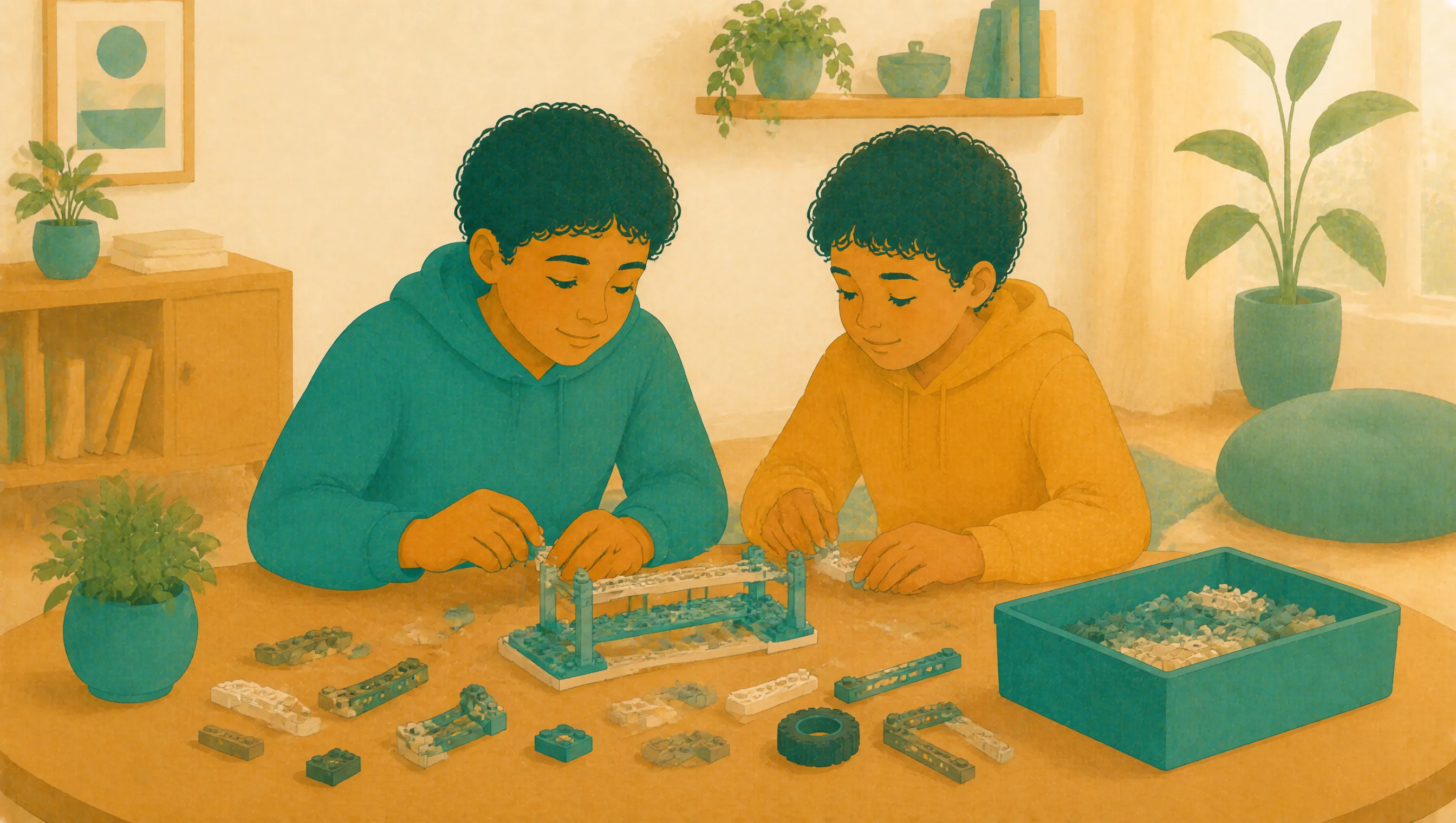 Two boys sit together at a table building a model bridge from a construction set, focused on the same task side by side.