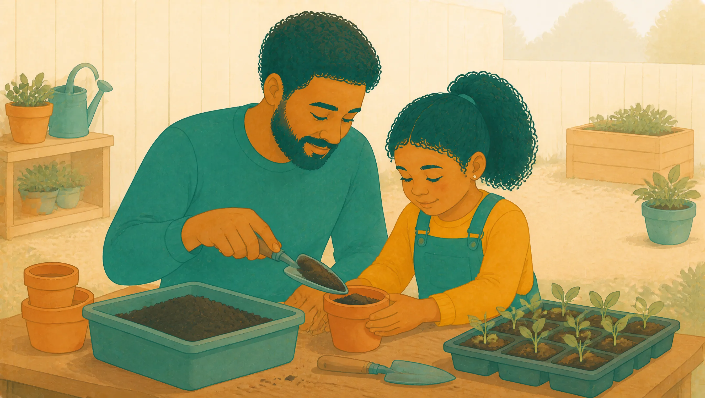 A father and his young daughter pot seedlings together at a garden bench, with trays of small plants set out around them.