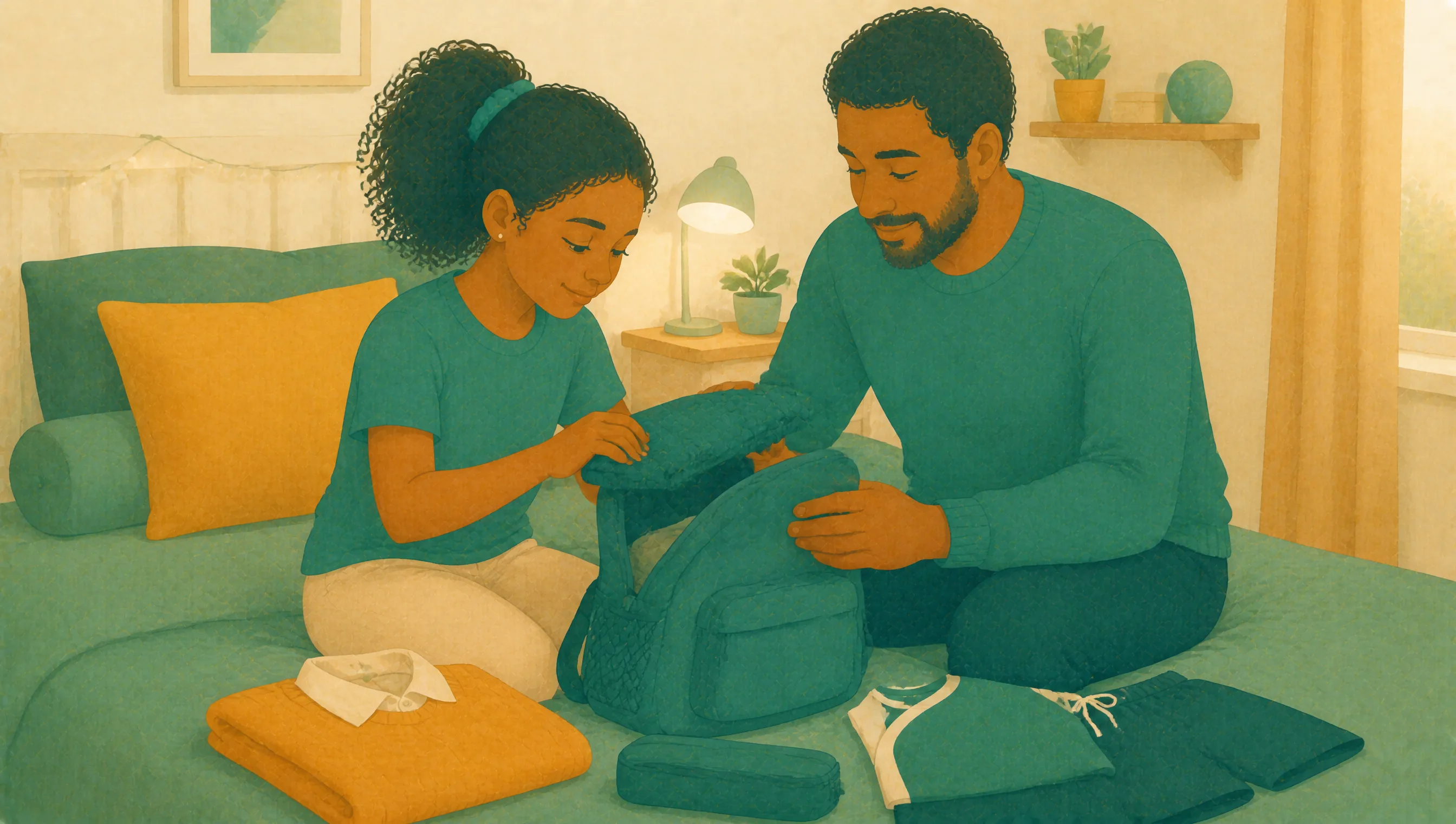 A father and daughter kneel on a bed packing a school bag, with a folded jumper and PE kit laid out beside them.