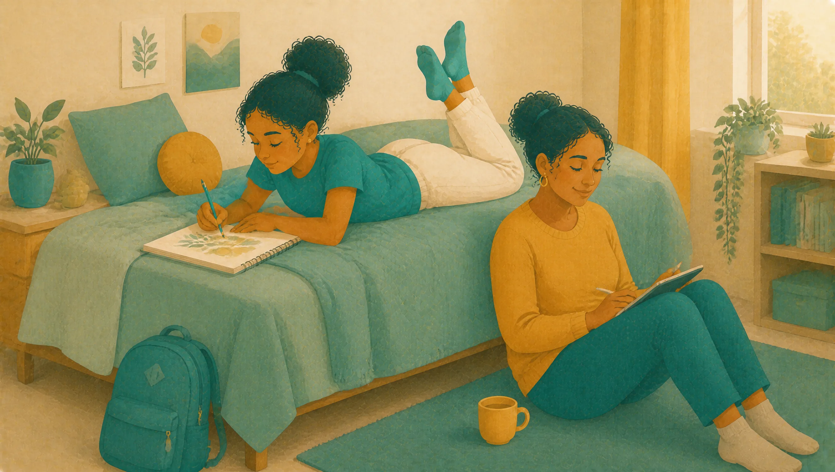 A girl lies on her front across her bed drawing in a sketchbook while her mother sits on the floor with her back against the bed, each occupied with their own thing.