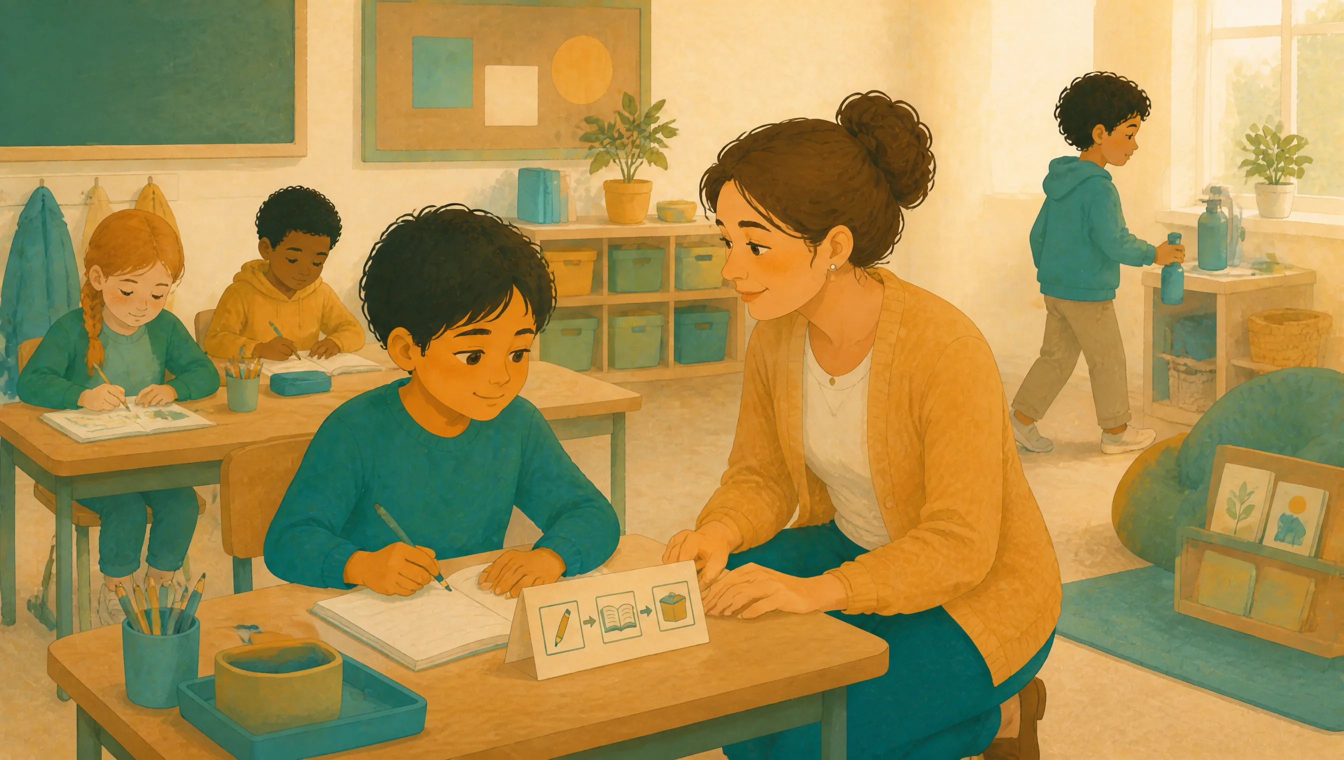 A boy at a classroom desk following a picture sequence card of a pencil, book and box, guided by a kneeling woman, with children working behind.