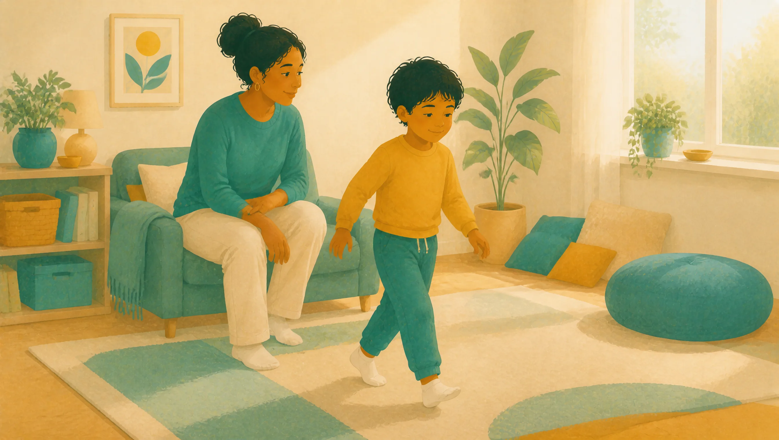 A boy in a yellow jumper walks across a living room rug while a woman in a teal jumper sits forward on an armchair, watching him.