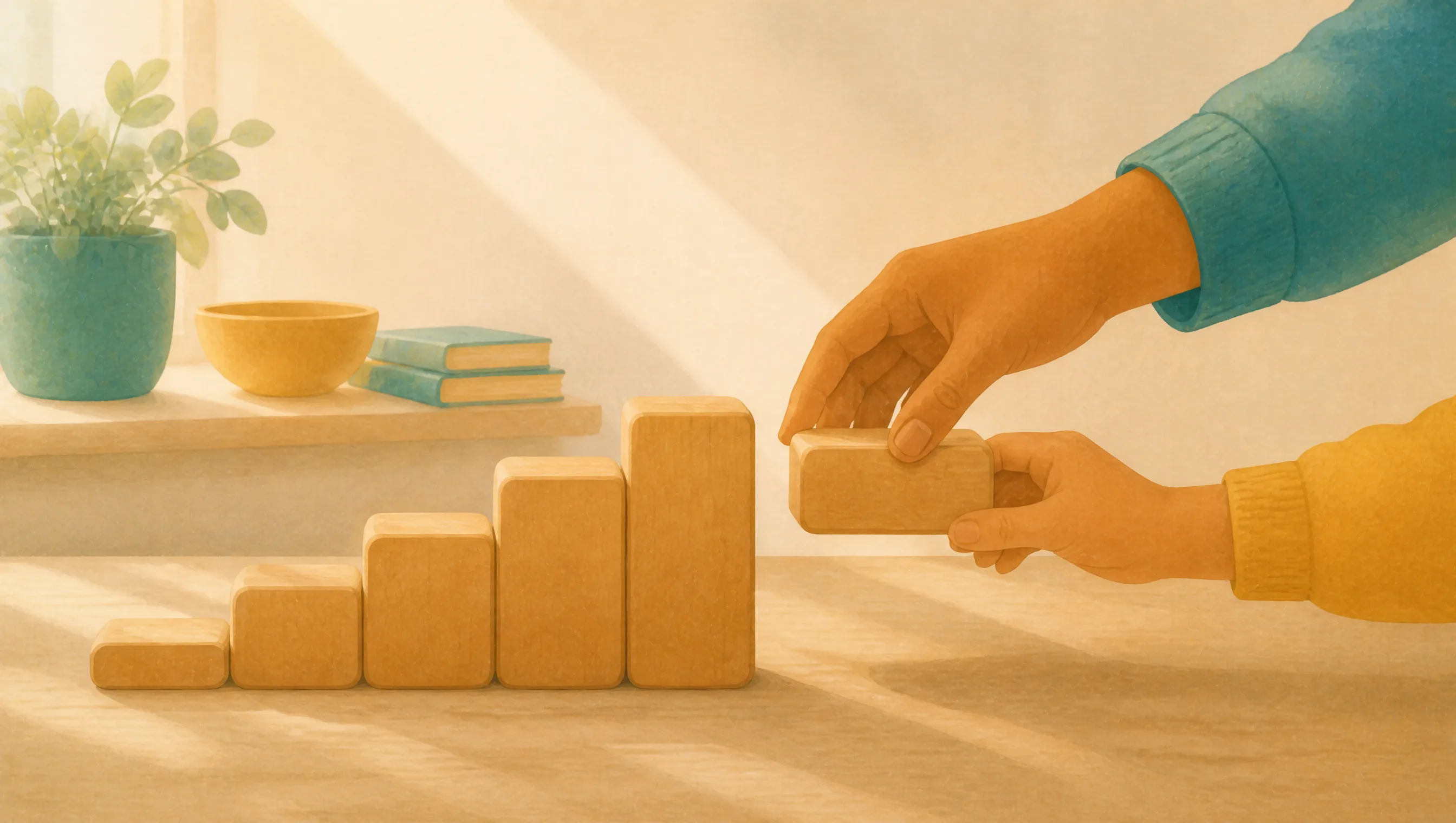 Two hands stacking wooden blocks of increasing height into a rising row, on a sunlit wooden surface with a potted plant, bowl and books on a shelf behind.
