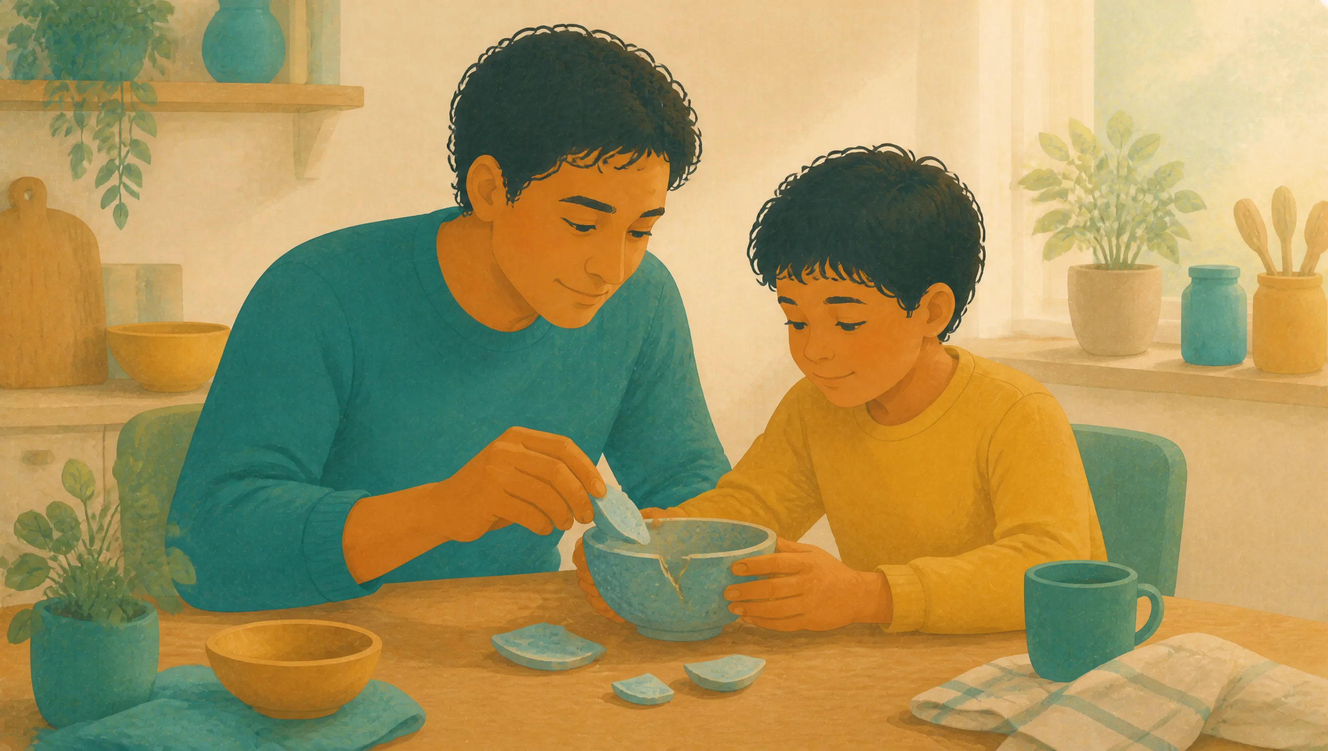 A man and a boy sit at a kitchen table piecing together a cracked blue bowl, broken fragments resting on the wood between them.