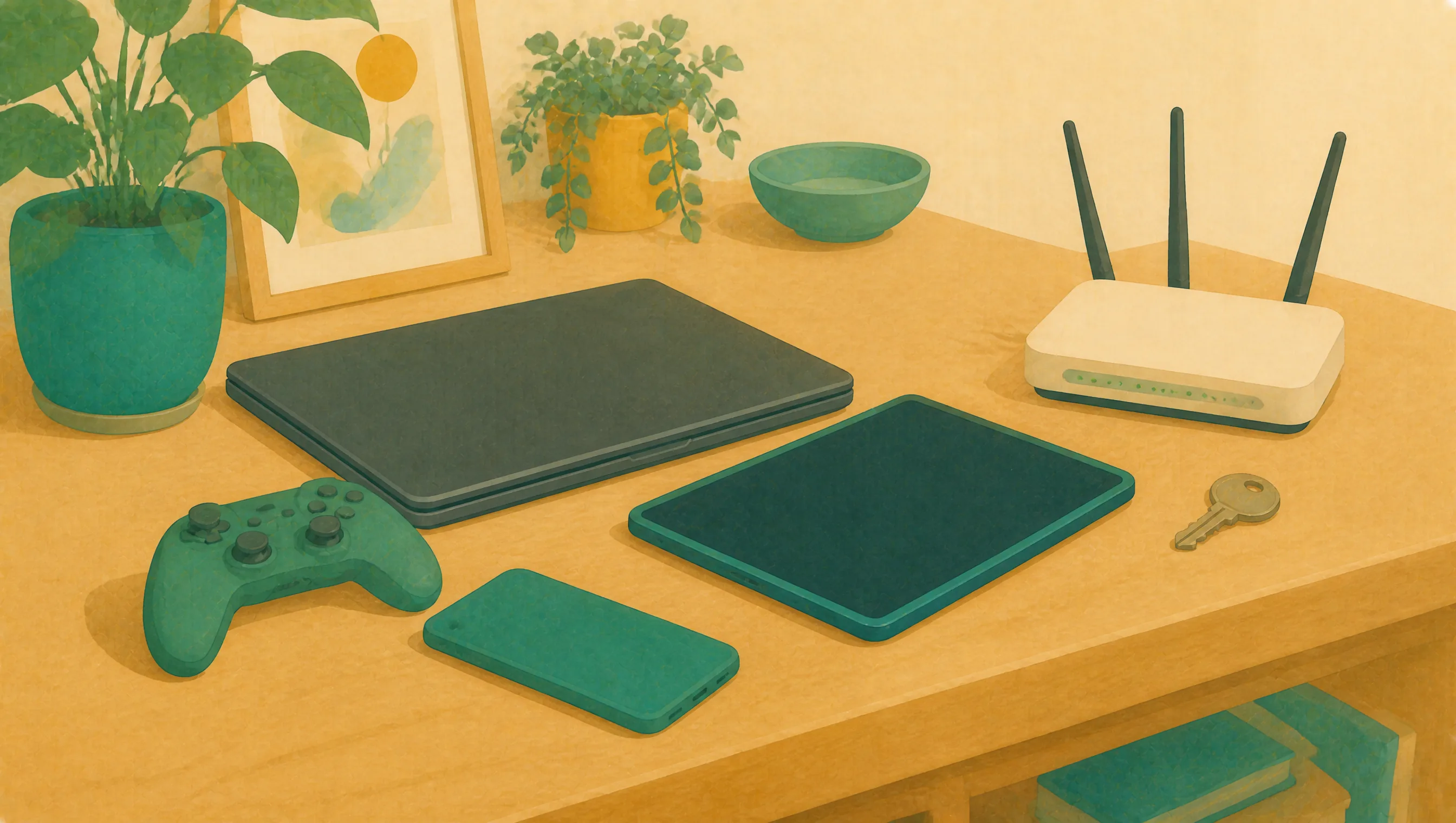 A laptop, a tablet, a phone and a games controller sit together on a desk alongside a wireless router and a house key.