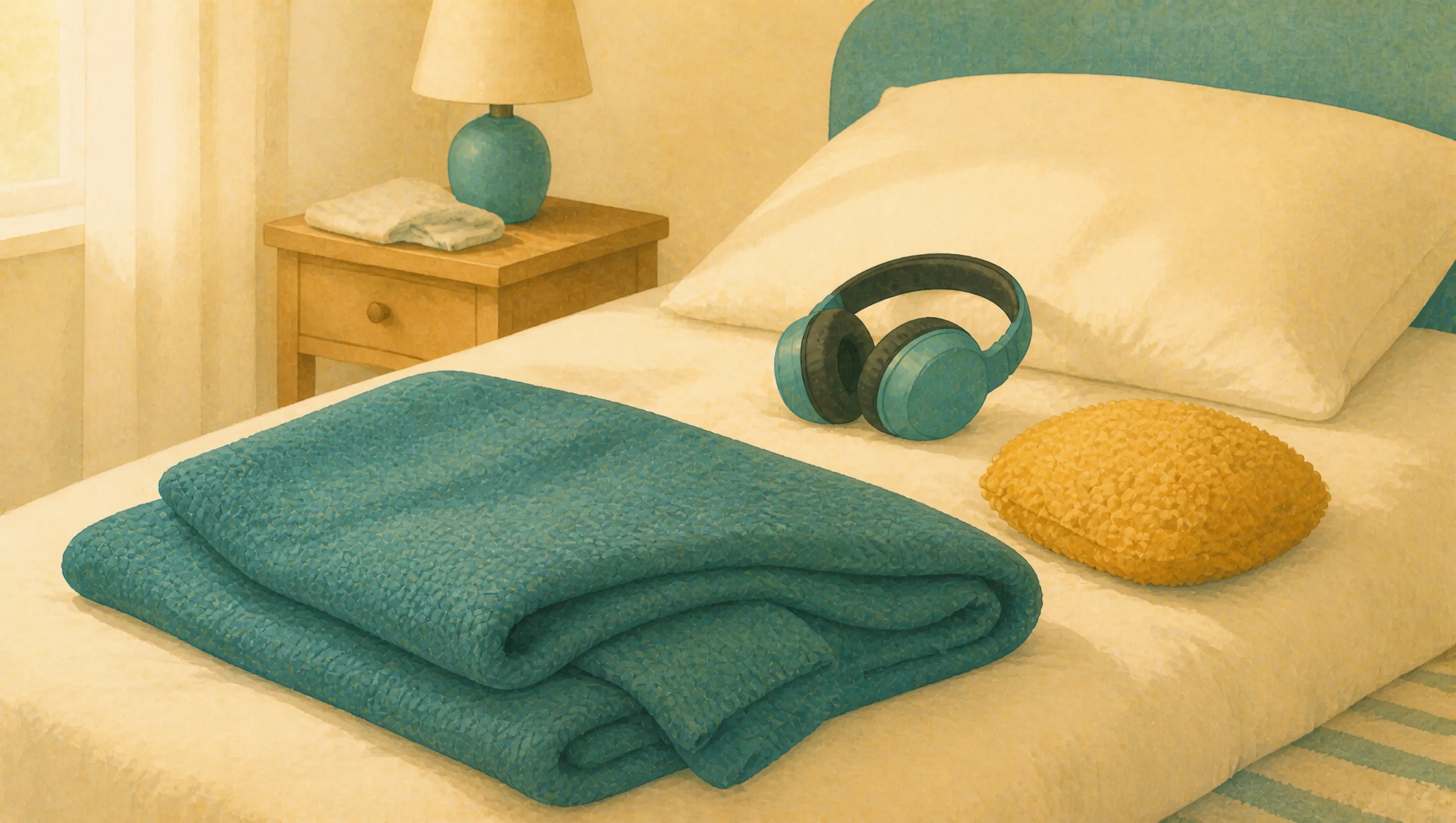 A folded teal weighted blanket, ear defenders and a mustard cushion arranged on a made bed beside a wooden nightstand with a lamp.