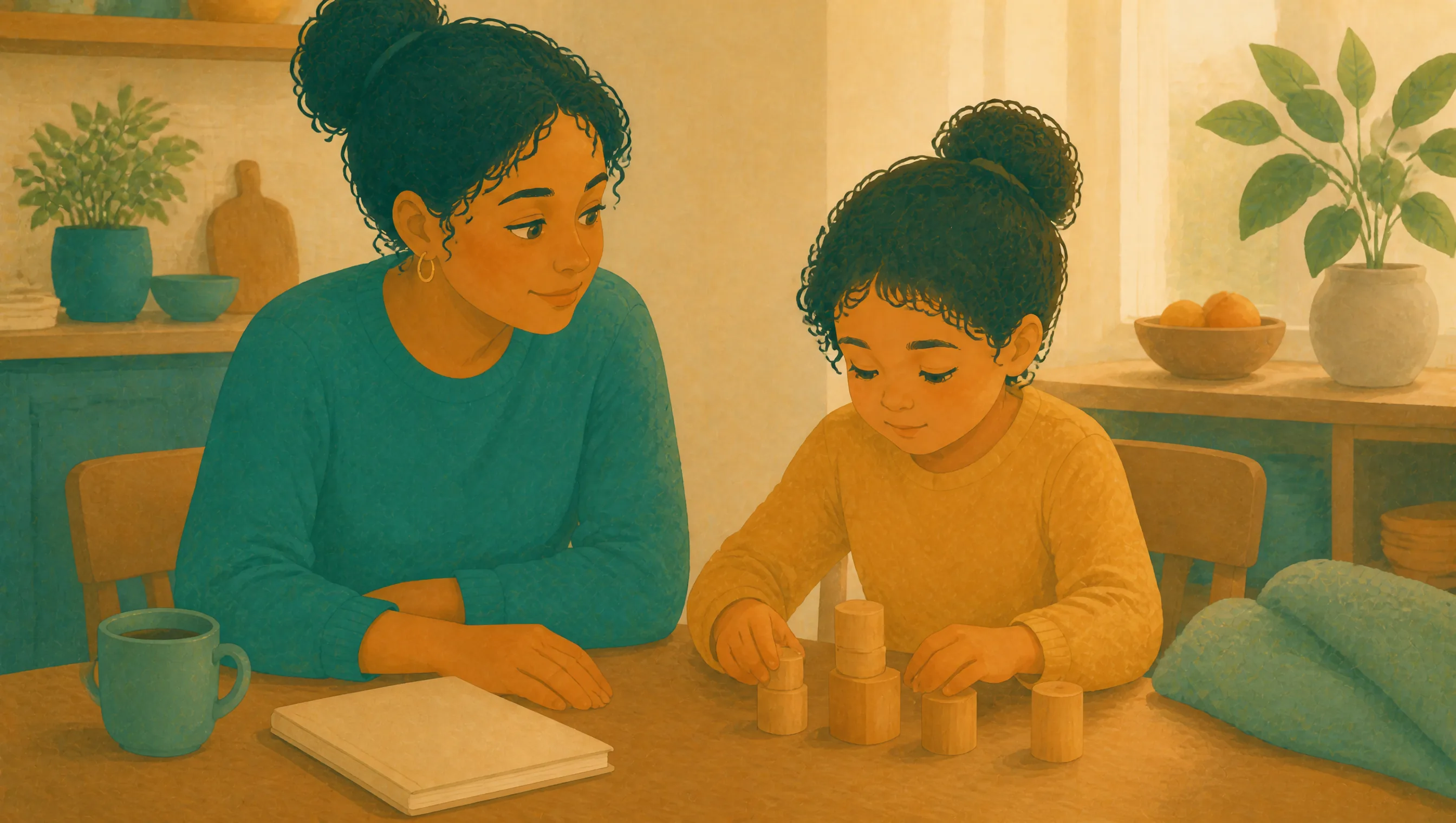 A woman and a young girl sit together at a wooden table, the woman watching as the girl stacks wooden cylinder blocks in a warm kitchen.