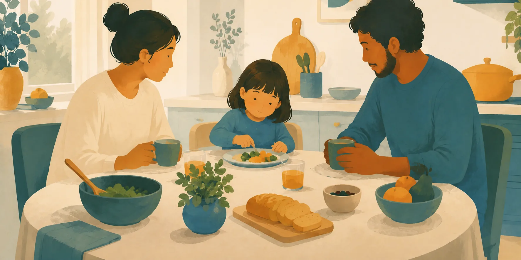 A relaxed, unpressured family mealtime at the kitchen table.