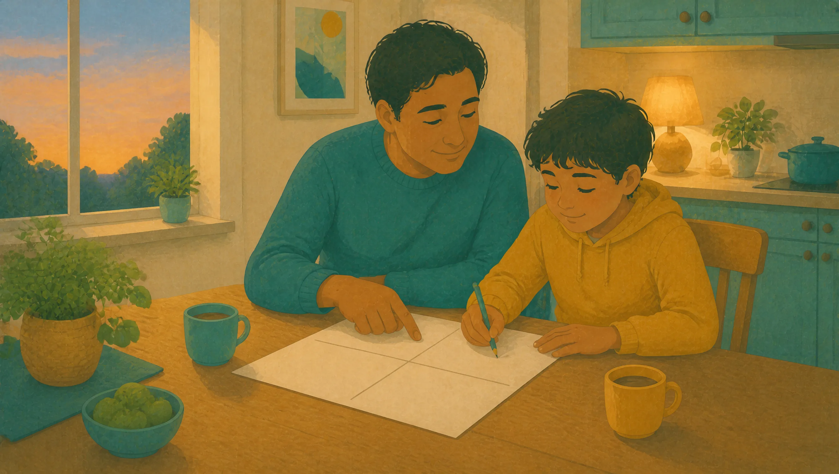 A parent and child sitting together at a kitchen table in the evening, the parent pointing at a sheet of paper the child is writing on.