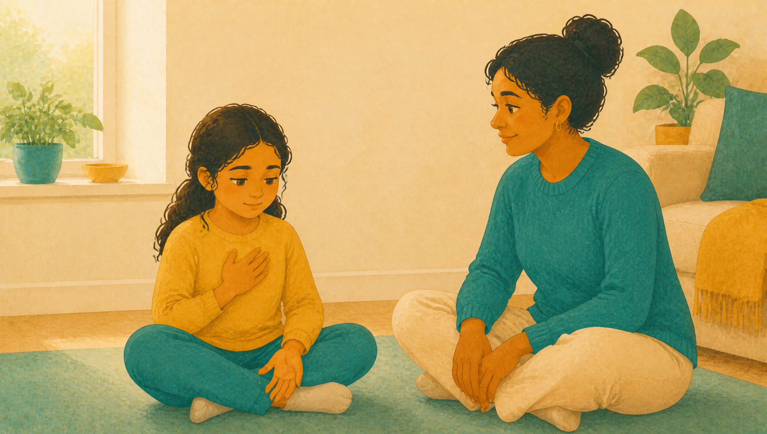A girl sits cross-legged on a rug with one hand resting on her chest, facing a woman seated opposite her with hands clasped, in a bright living room.