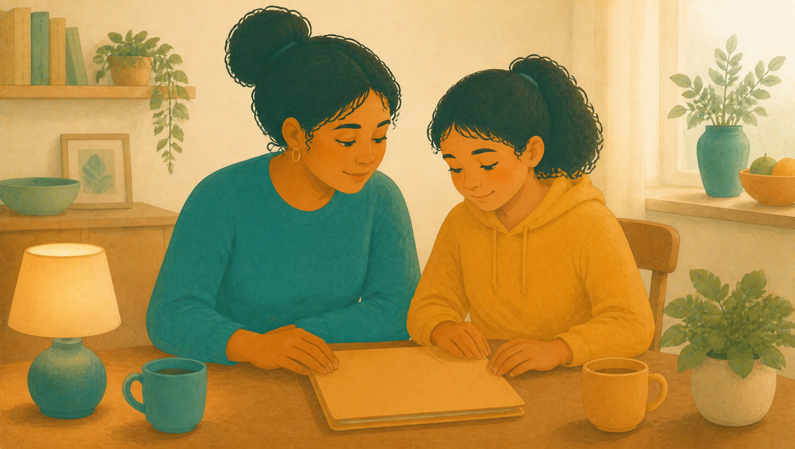 A woman and a girl sit together at a table, both looking down at an open notebook, in a room with bookshelves, a lamp and potted plants.