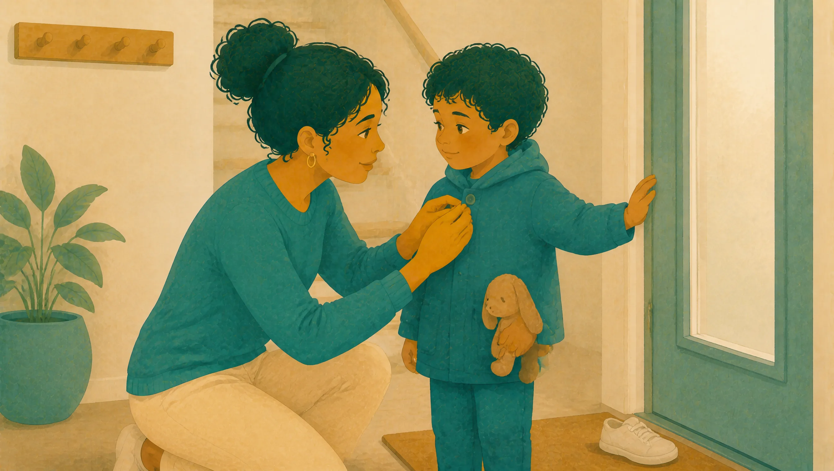 A woman kneeling to fasten a young boy's teal jacket by the front door, the boy holding a stuffed rabbit and one shoe left on the mat.