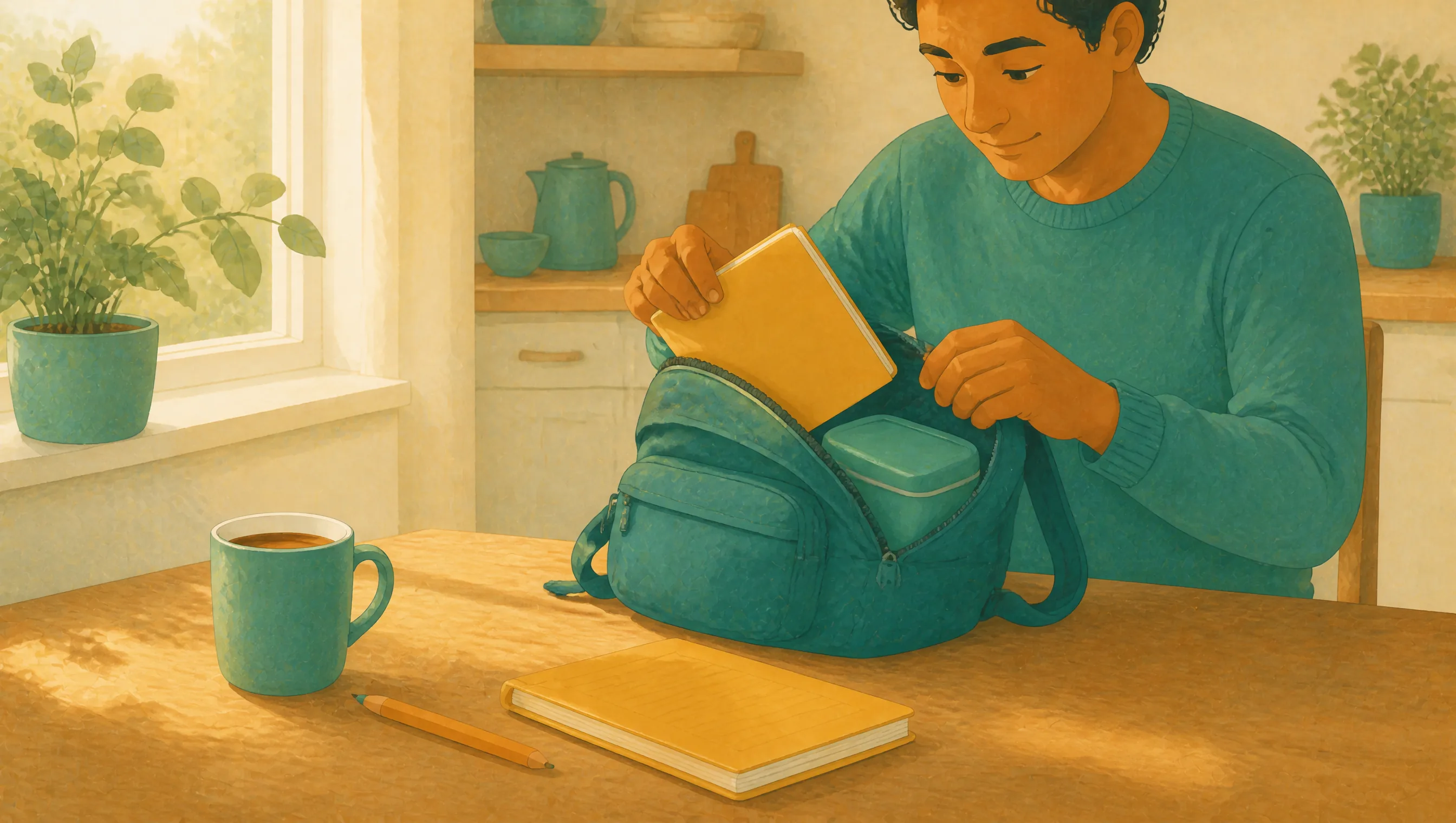 A man packing a notebook into an open backpack at a kitchen table, a mug, pencil and second notebook beside him, plants and crockery behind.