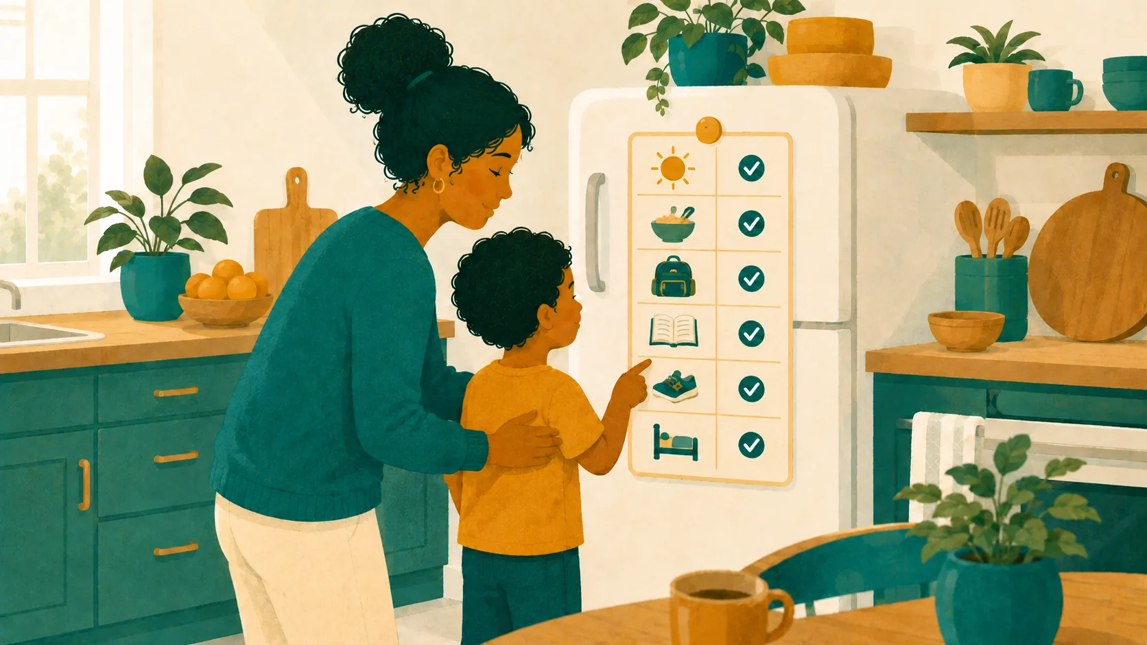 A parent and child look at a picture routine attached to the fridge.