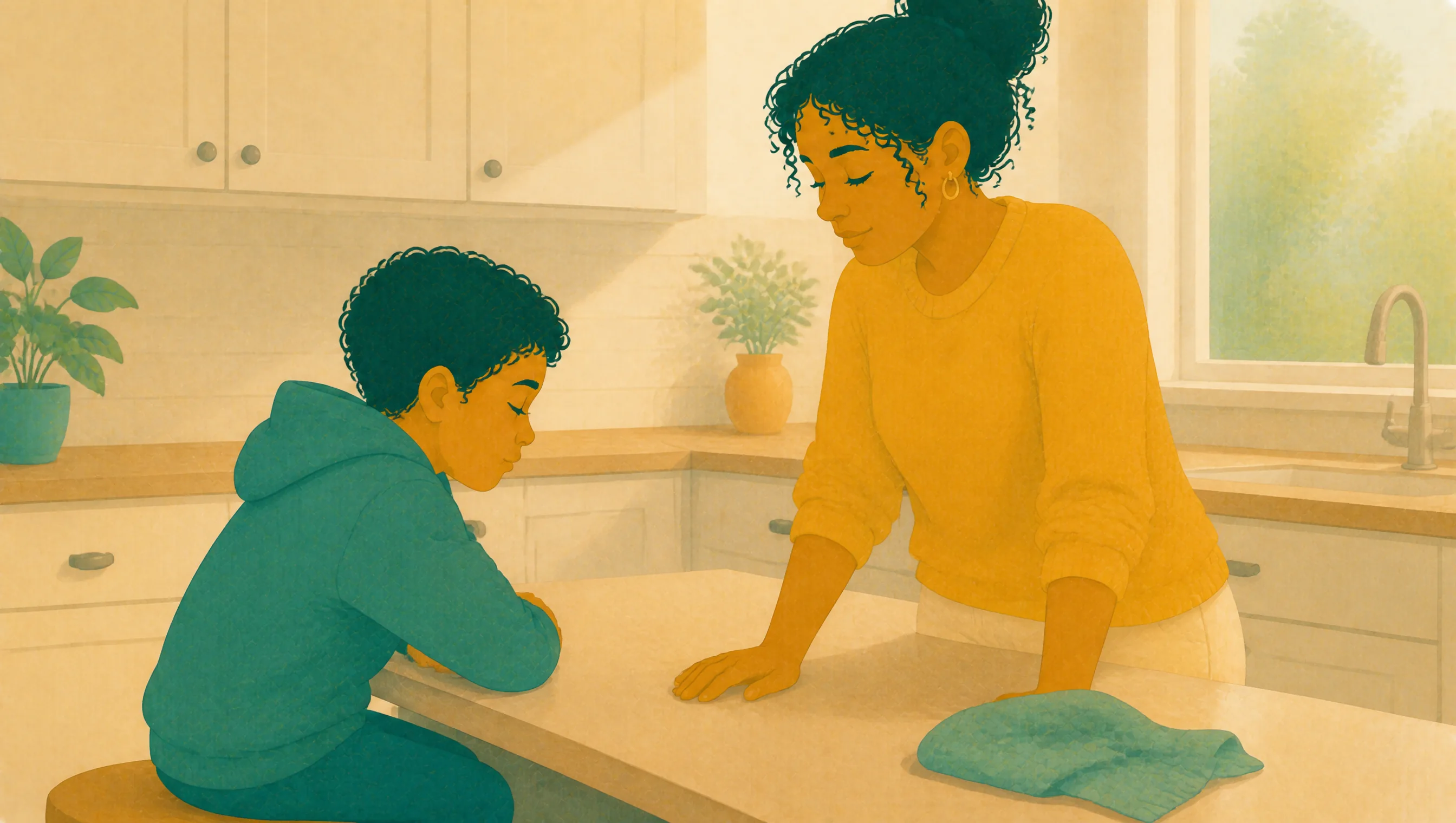 A boy sits with his arms folded on the kitchen counter while his mother works at the other side of it, staying close and unhurried.