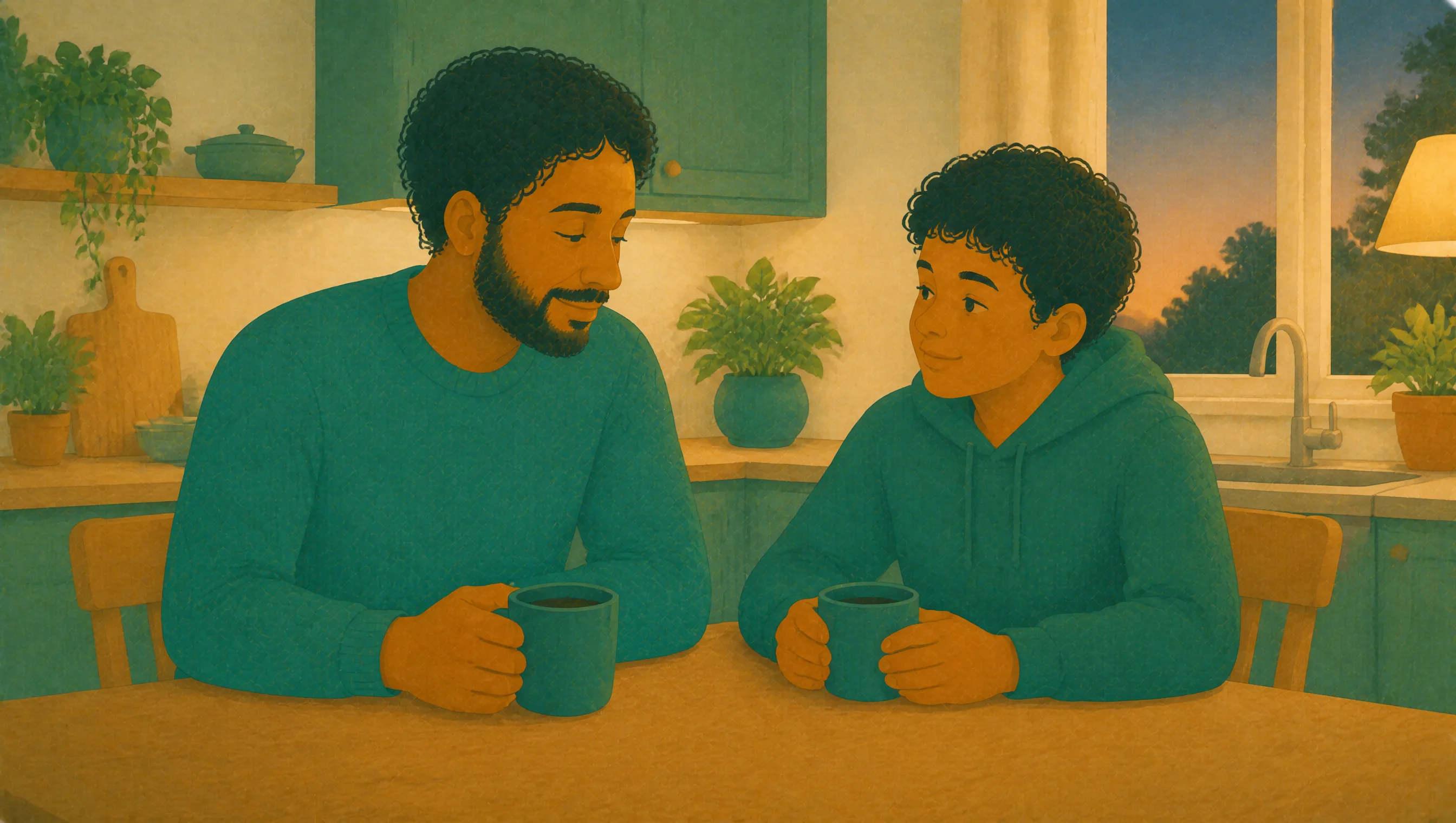 A father and son sit talking at the kitchen table in the evening, each holding a mug.