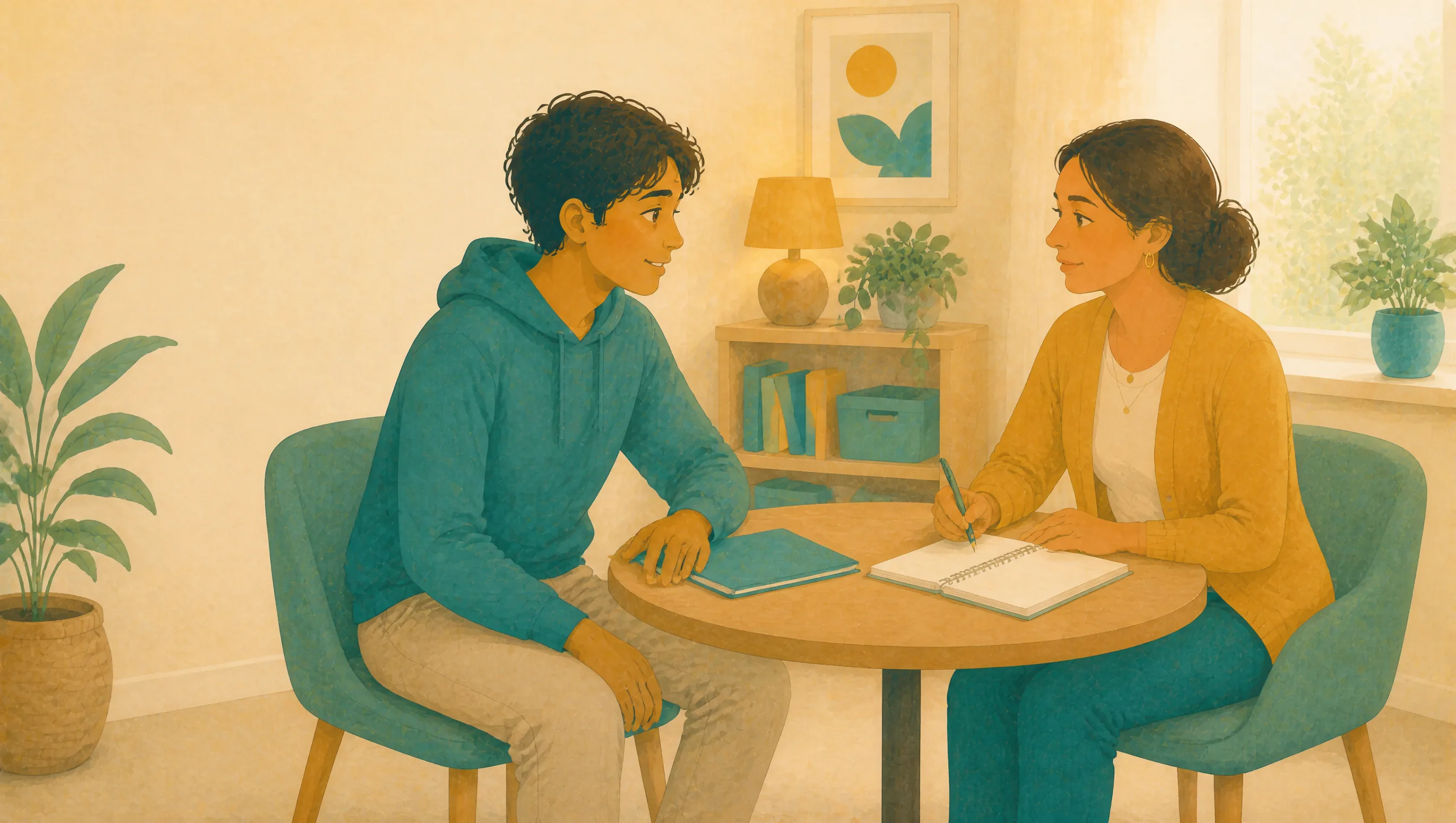 A teenage boy and a woman sit at a small round table, talking while she writes in an open notebook and he rests a hand on a folder.