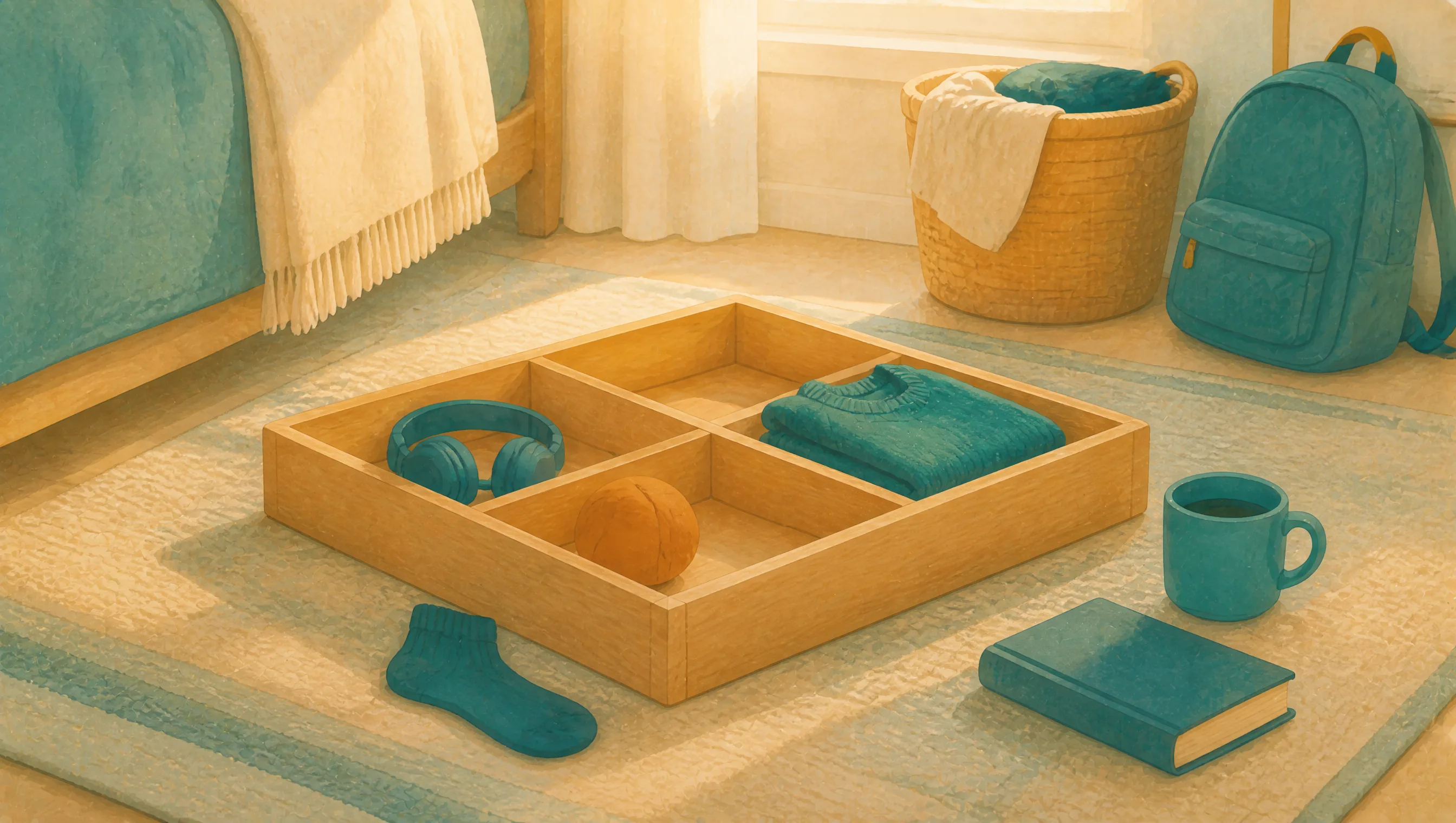 A divided wooden tray on a bedroom rug holding headphones, a folded jumper and a ball, next to a sock, book, mug and backpack.