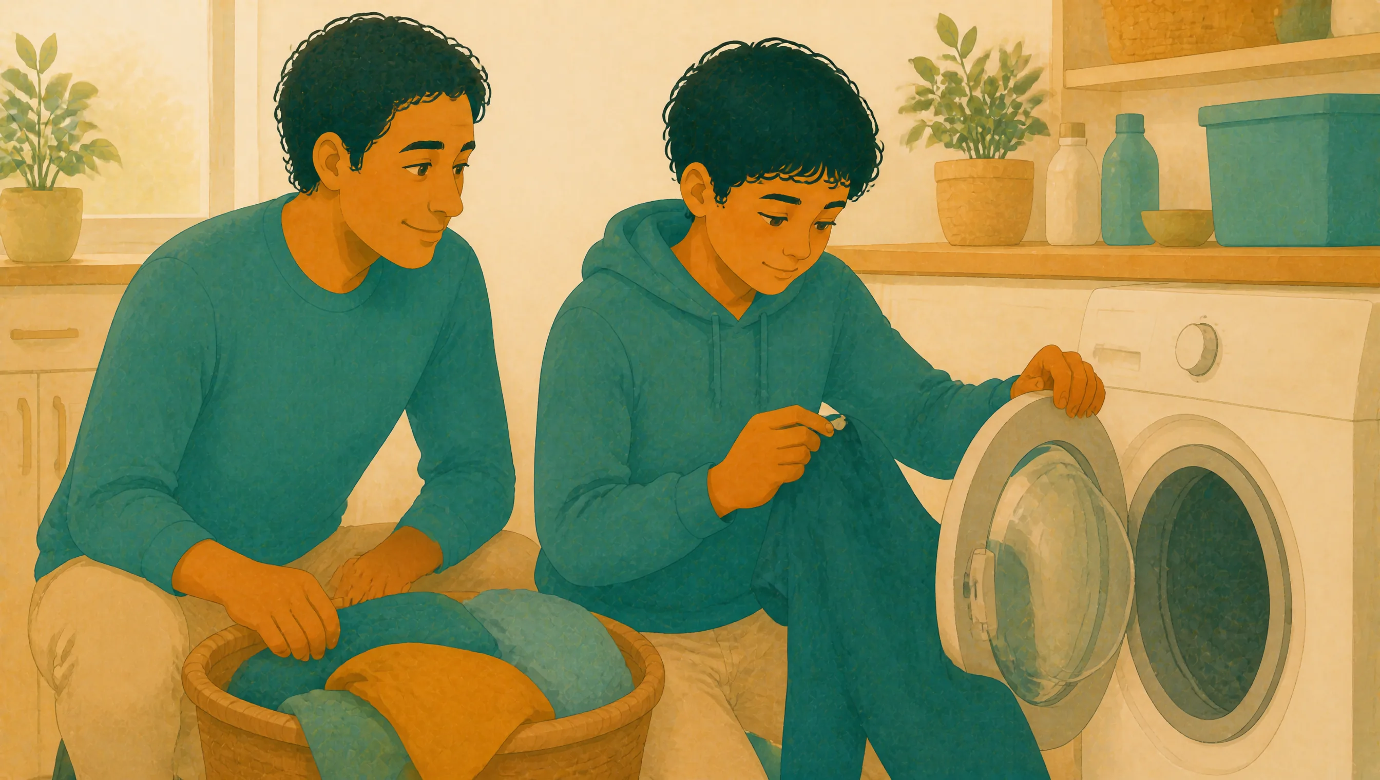 A man and a teenage boy kneeling beside a washing machine, the boy checking a garment before loading it while a laundry basket sits nearby.