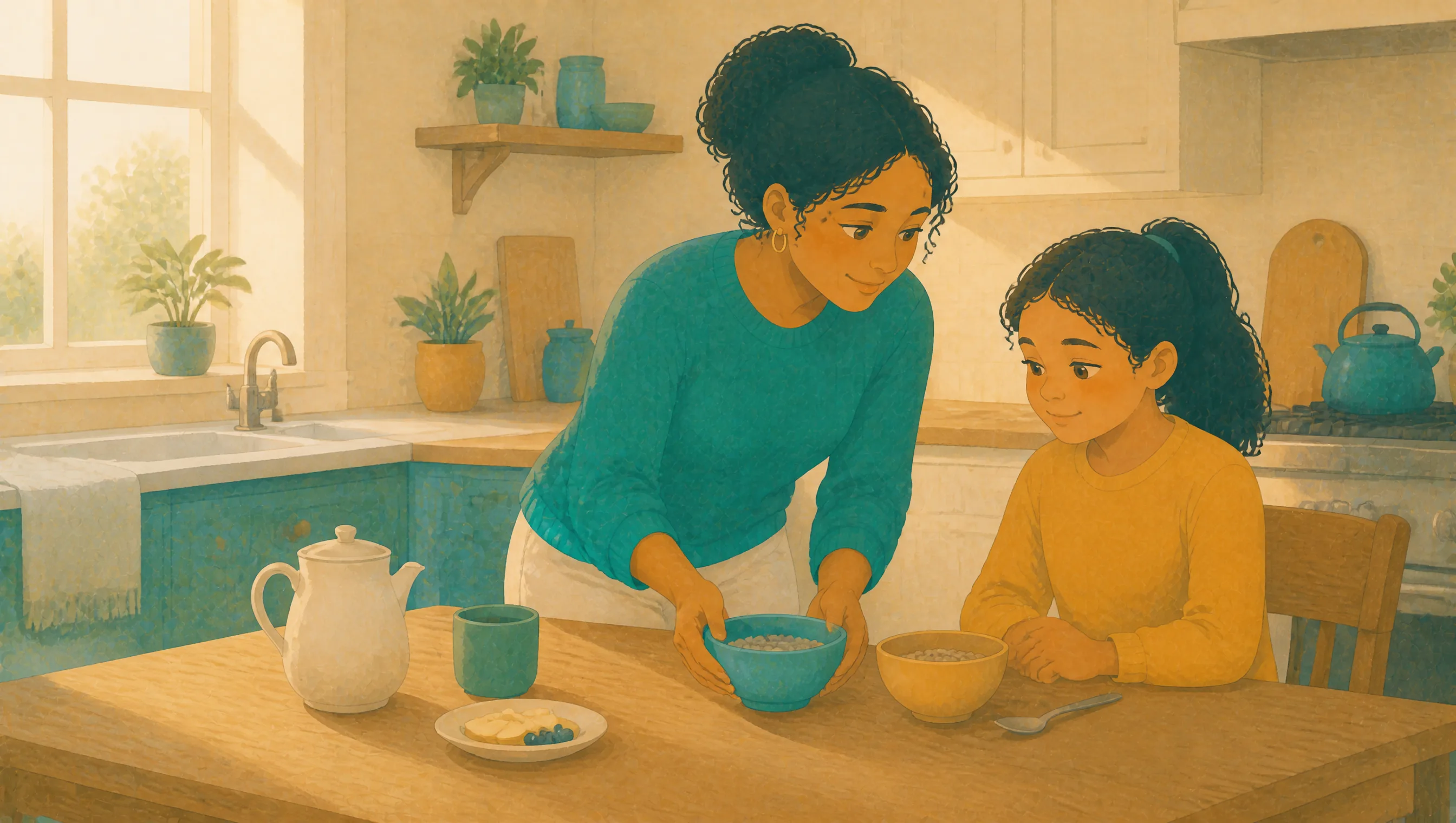 A woman and a young girl at a wooden kitchen table set with cereal bowls, a teapot, a mug and a plate of fruit, morning light behind them.