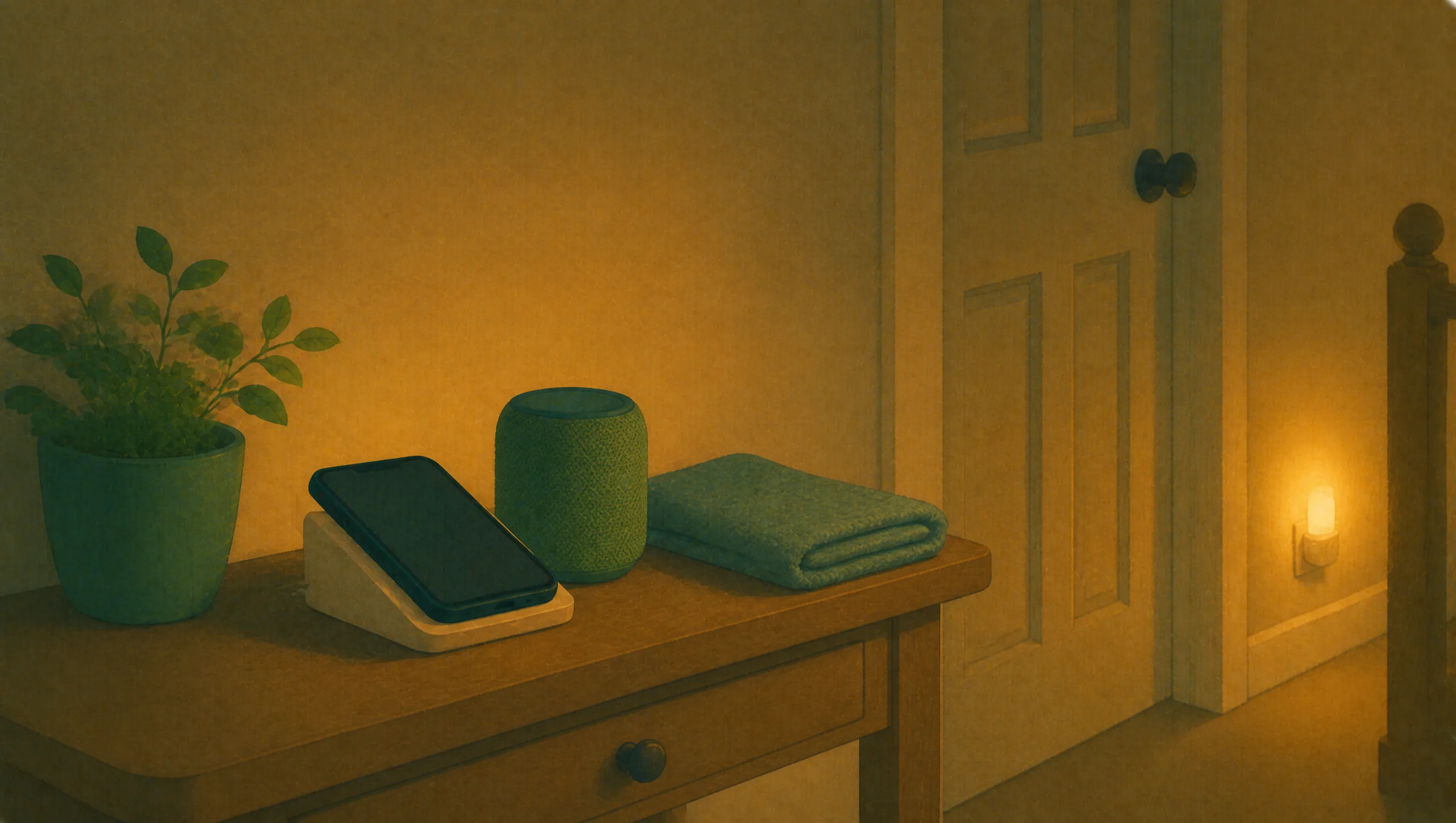 A phone on a stand, a small fabric speaker and a folded blanket sit together on a bedside table, a night light glowing faintly by the door.
