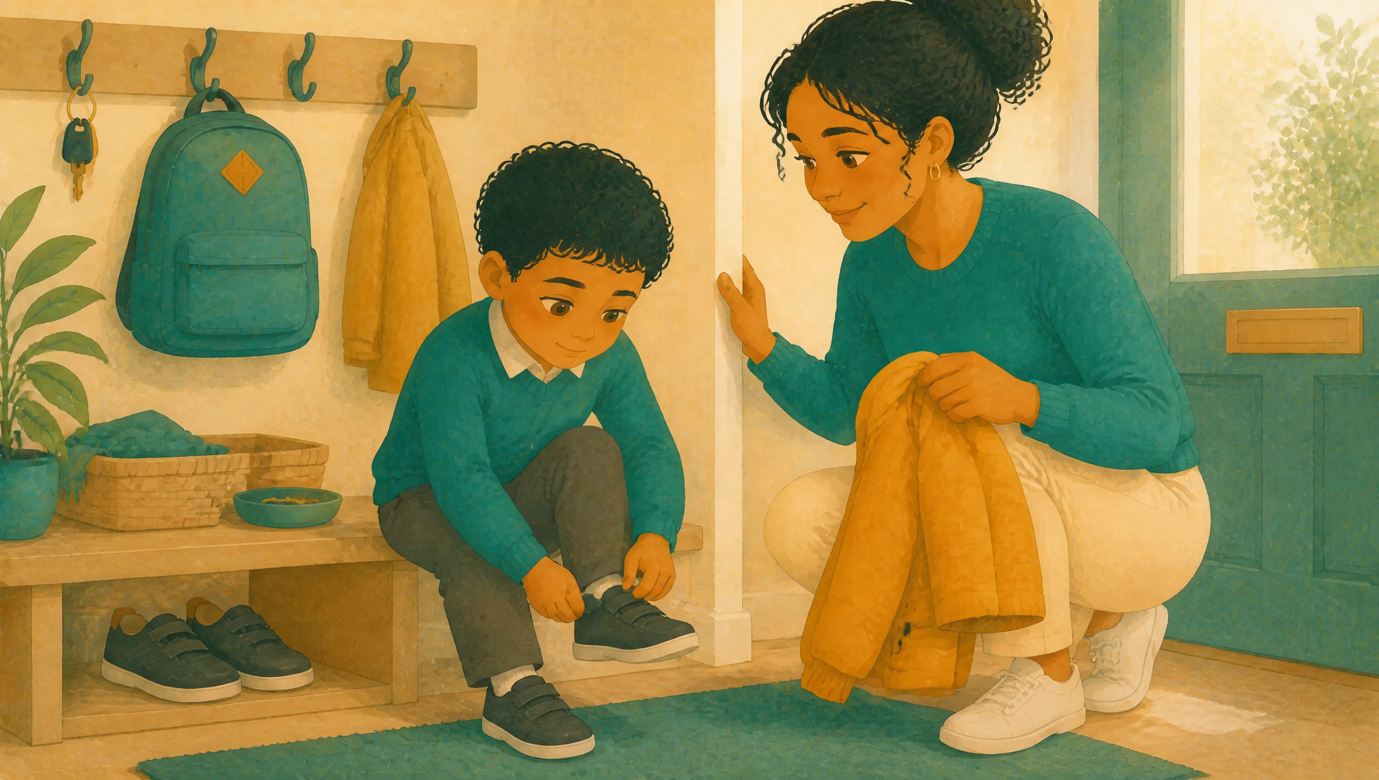 A boy fastening his trainers on a hallway bench while a woman crouches beside him holding his coat, a backpack and tote bag on hooks by the door.