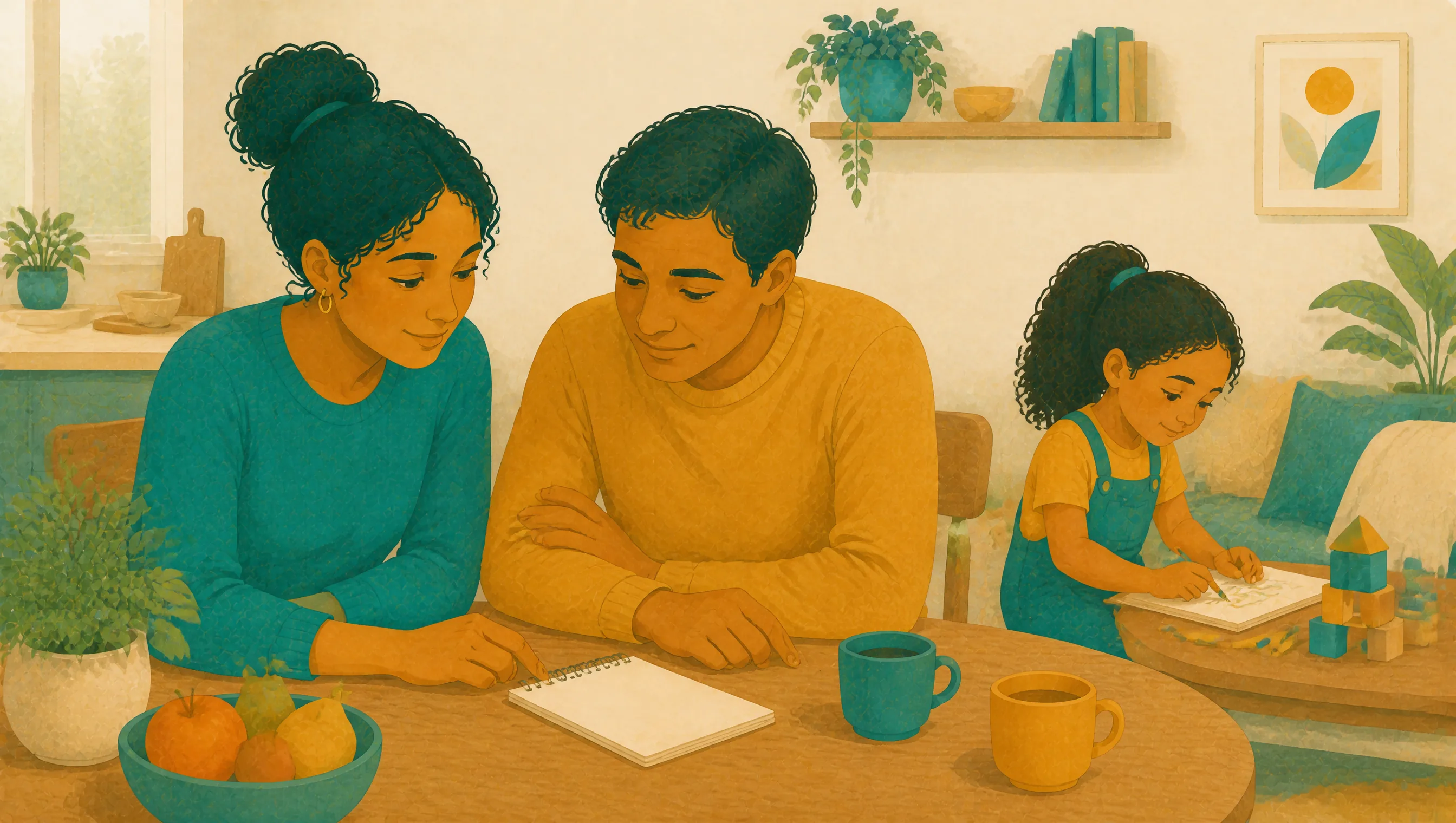 Two adults sitting at a table looking at an open notebook, with a young girl drawing at a nearby table, mugs and a fruit bowl close by.