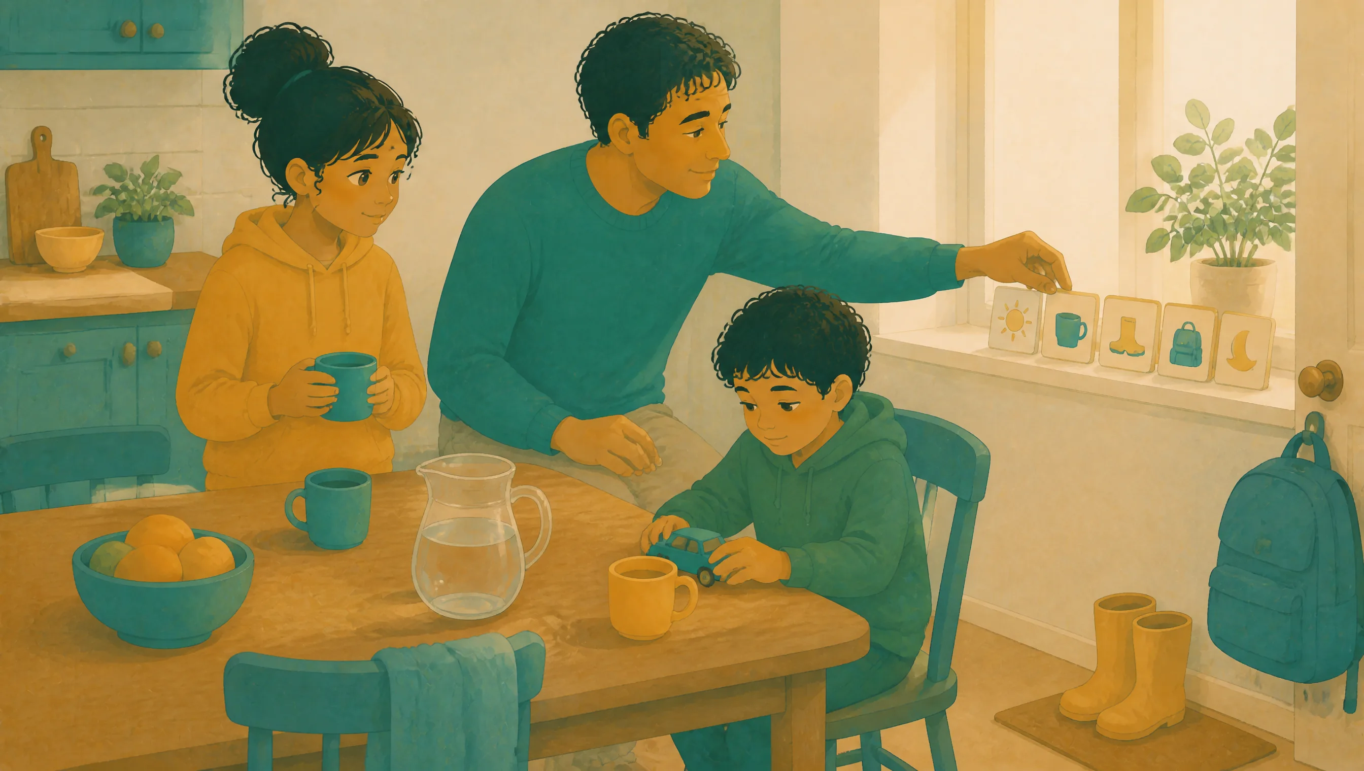 A man pointing to a row of picture cards while a boy plays with a toy car and a girl holds a mug at the kitchen table.
