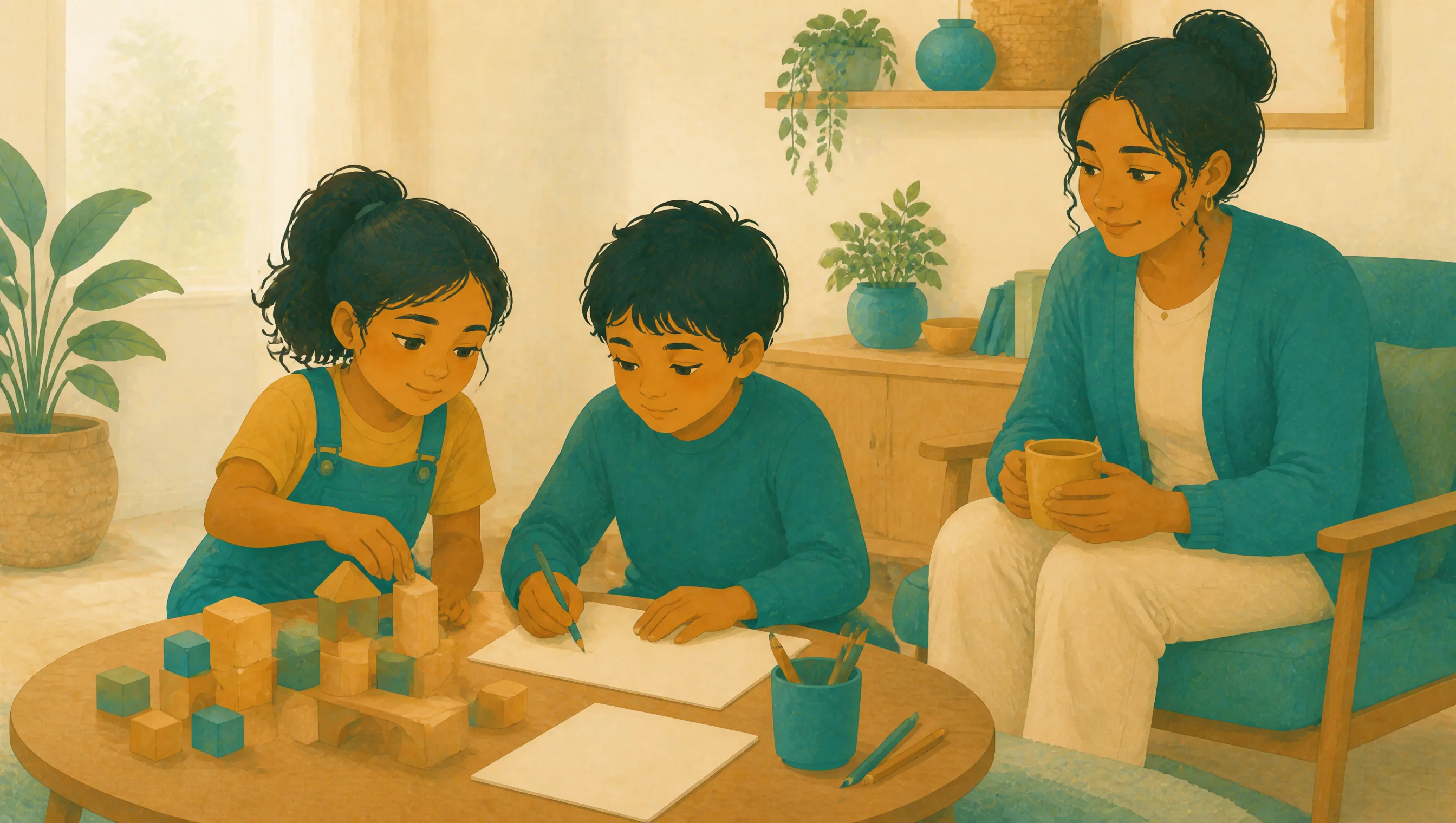 A girl and boy sit at a coffee table with wooden blocks and a drawing, while a woman on a sofa nearby drinks tea and watches them.