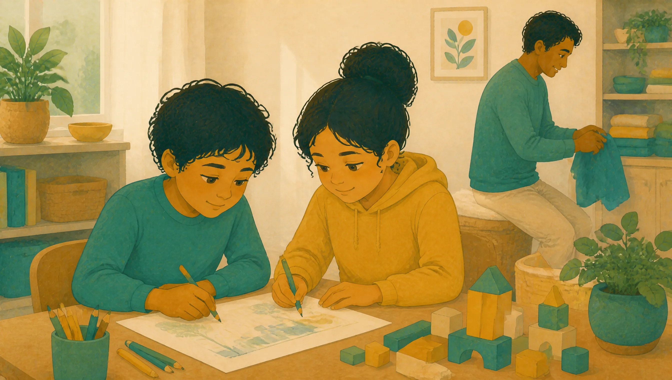 A boy and a girl draw together at a table with pencils and wooden building blocks, while a man folds laundry near a shelf of plants and books.