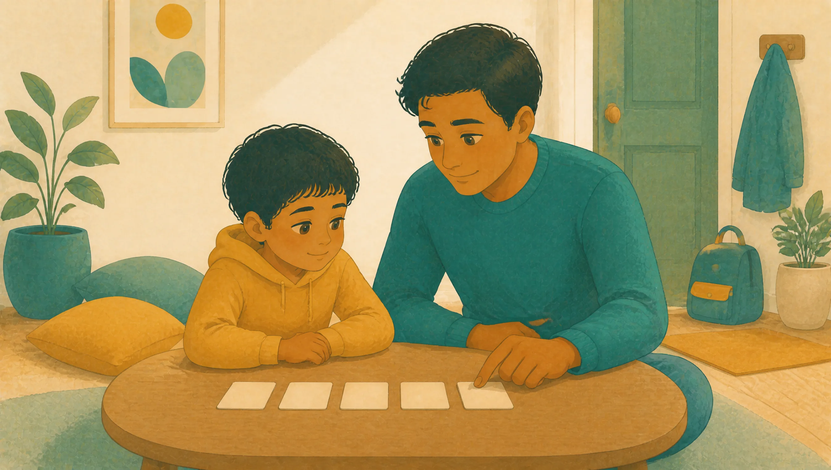 A man sits with a boy at a round table, pointing to one of five blank cards laid out in a row, with a backpack and houseplant nearby.