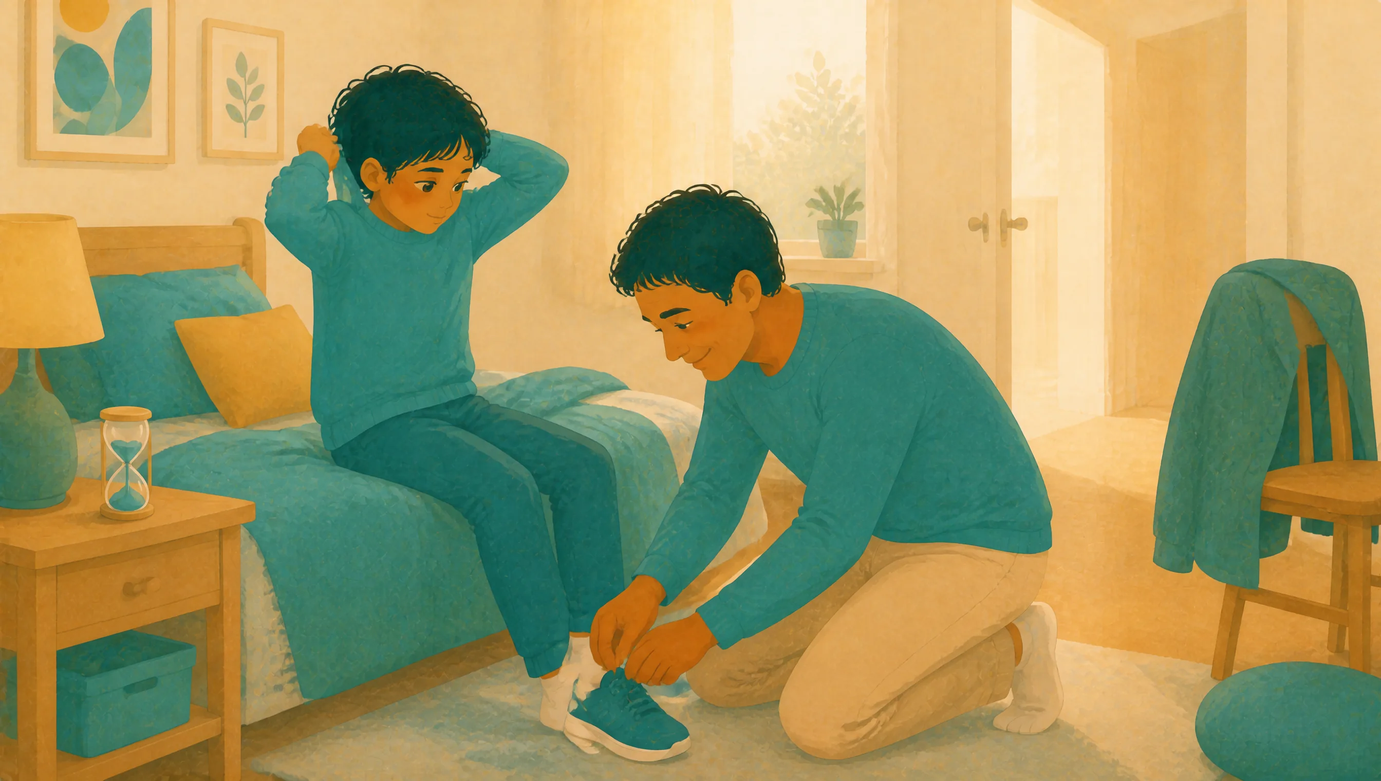 A boy sitting on a bed stretching as a kneeling man ties his shoelaces, with an hourglass and a lamp on the nightstand beside them.