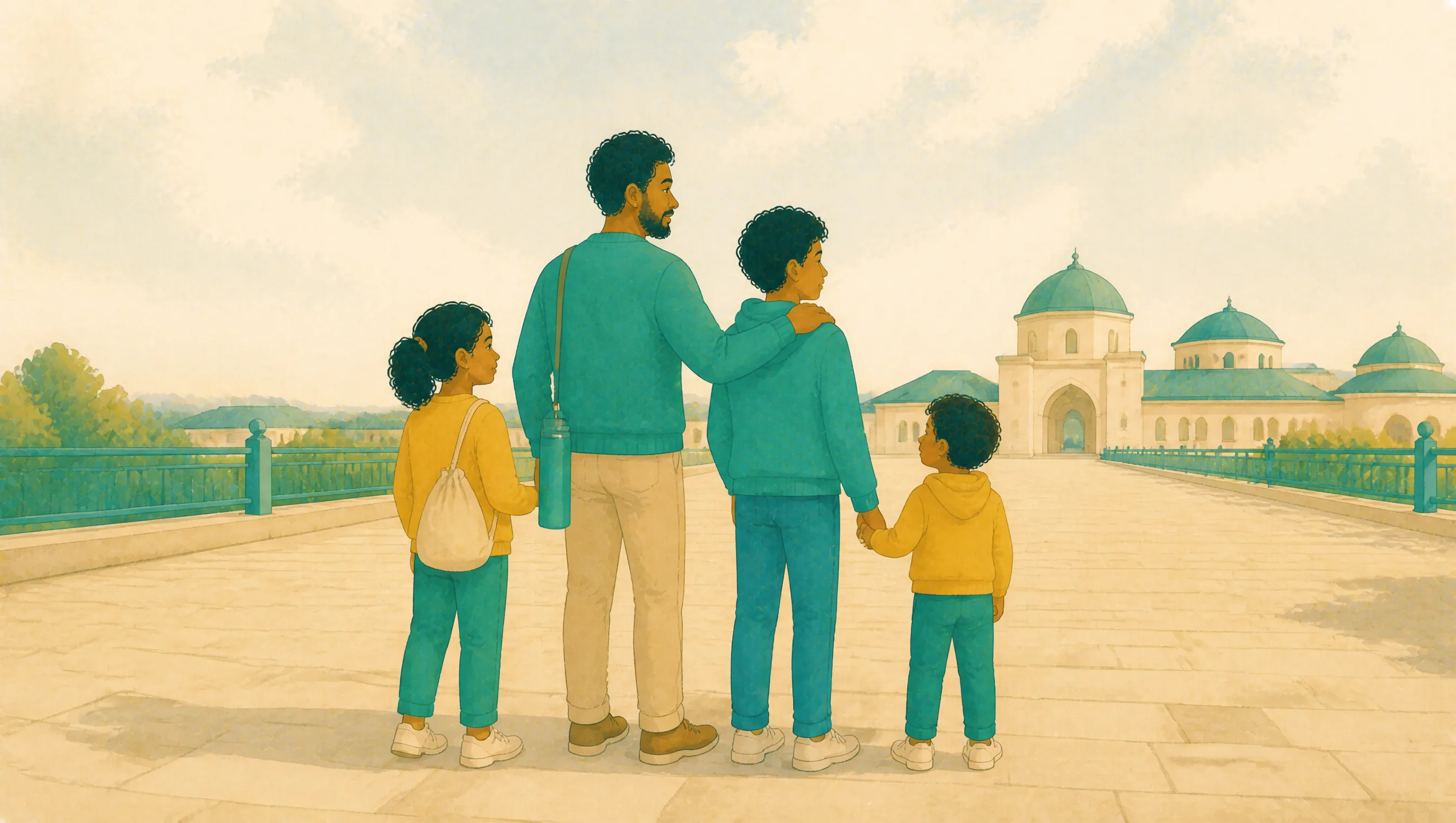 A father and his three children stand together on a plaza, looking out towards a domed building as they take in the view.