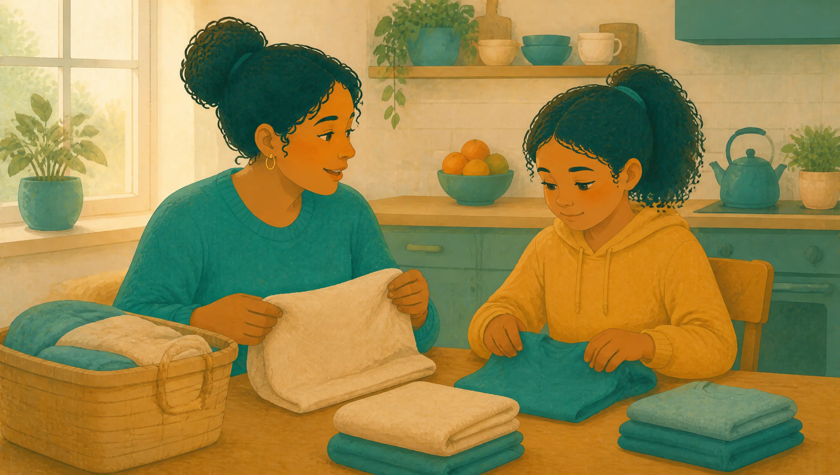 A woman and a girl folding laundry together at a wooden kitchen table, towels and clothes stacked between them, a kettle and fruit bowl behind.