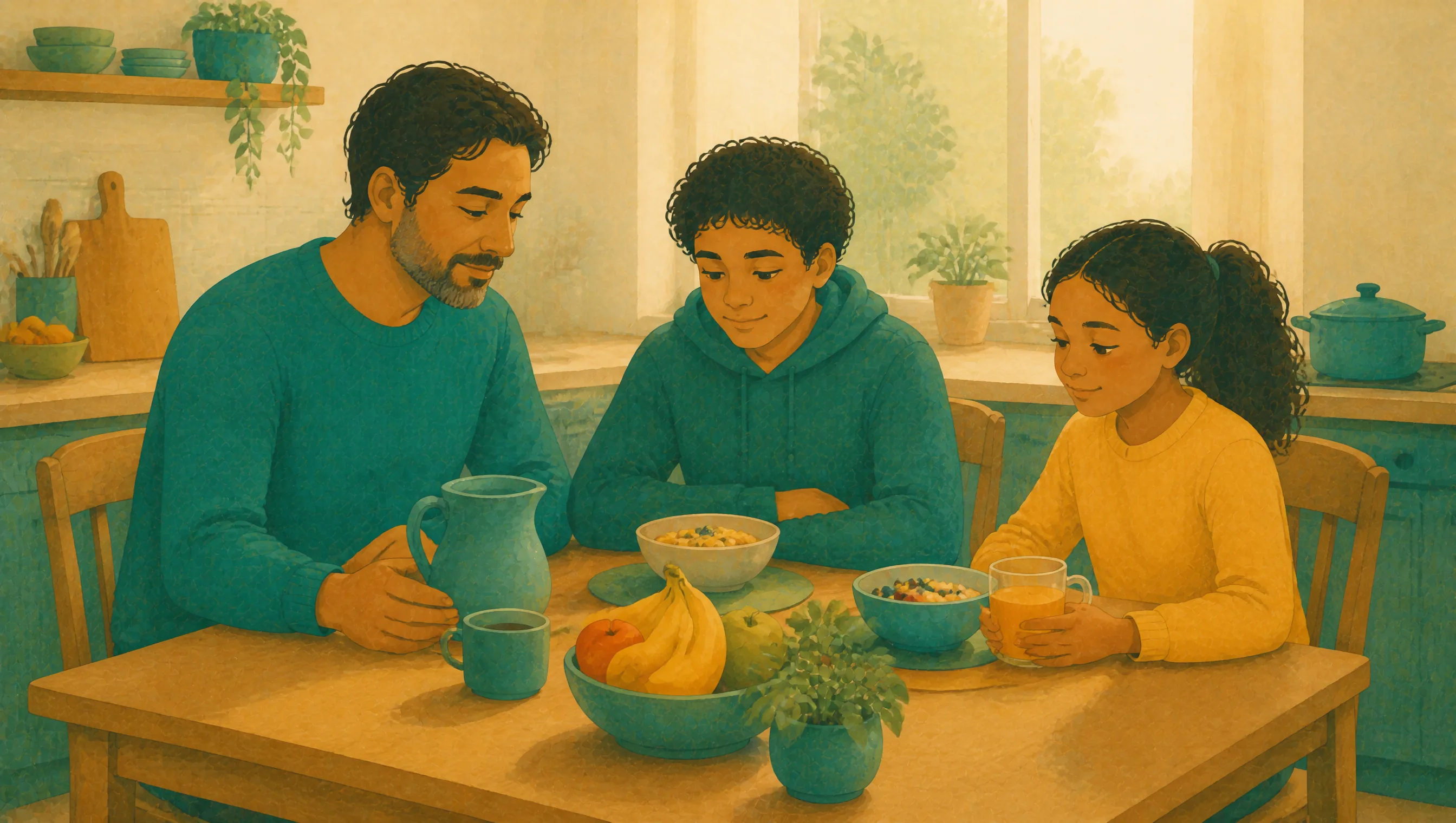 A father sits at the breakfast table with his teenage son and younger daughter in a sunlit kitchen, the three of them eating an ordinary weekday breakfast together.