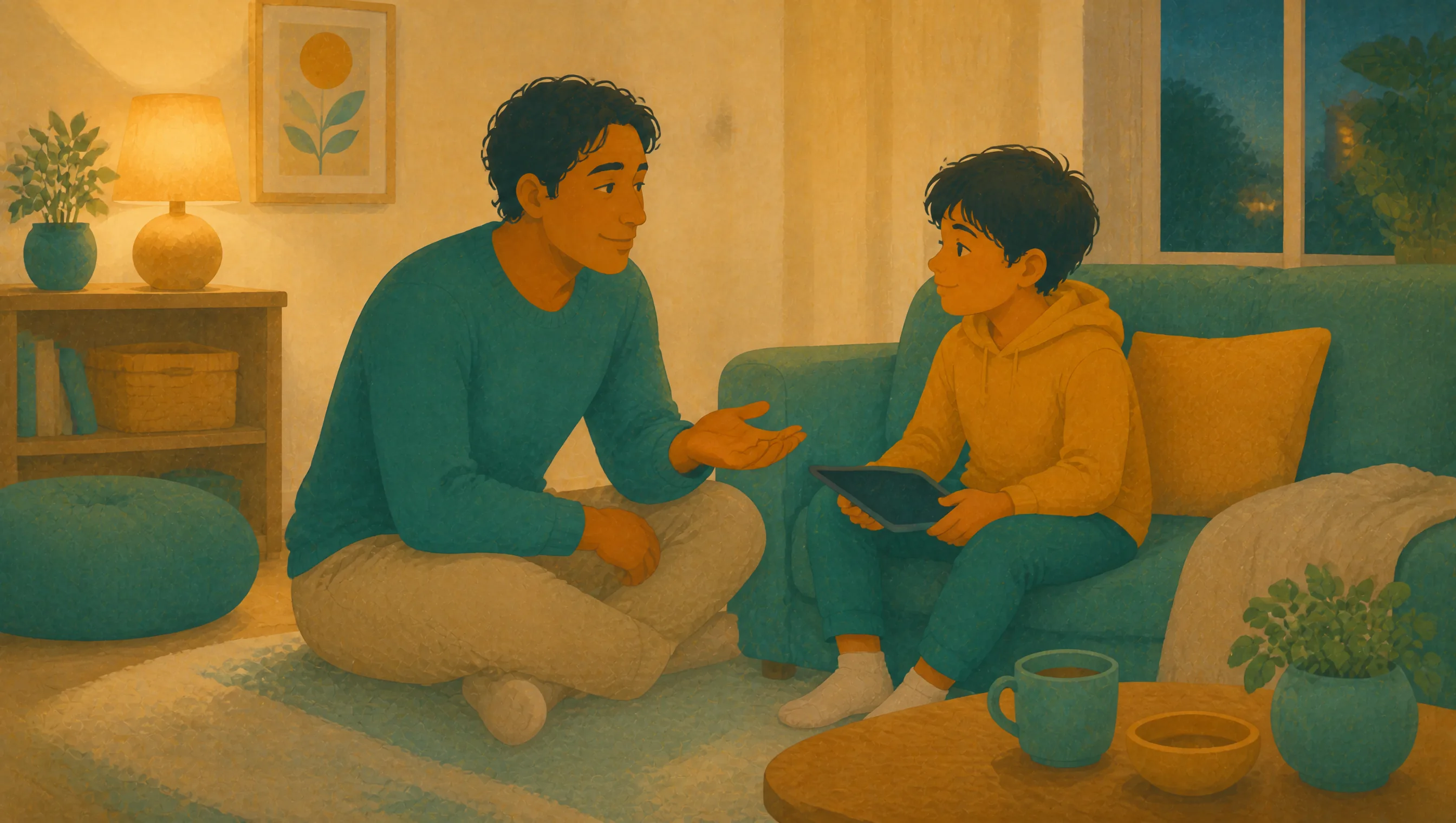 A man sits cross-legged on the floor, gesturing with an open hand towards a boy sitting on a sofa holding a tablet, in a warmly lit living room.