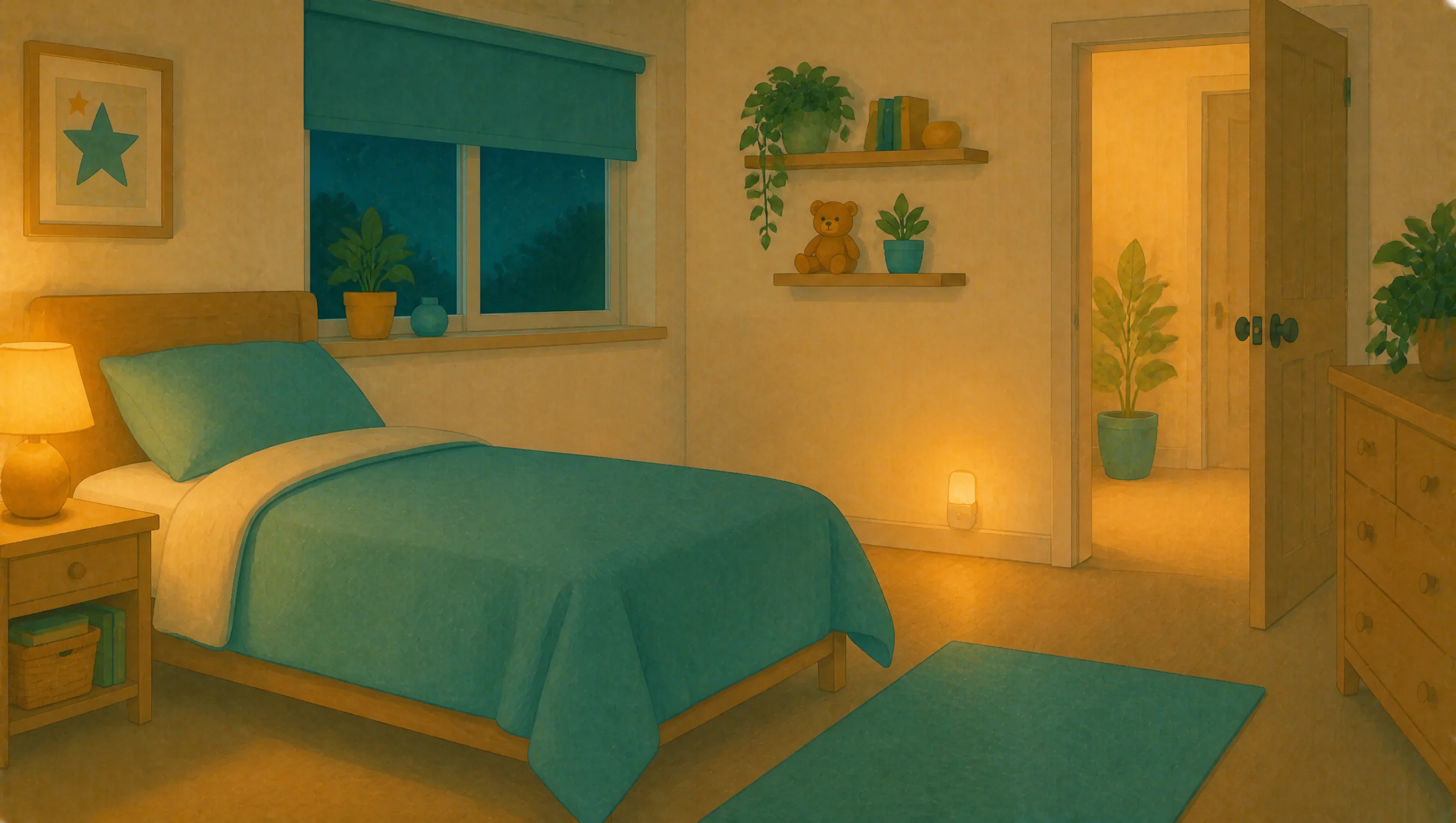 A tidy child's bedroom at night, softly lit by a bedside lamp and a small night light, with a teddy bear and plants on open shelves and the door left ajar onto a lit hallway.