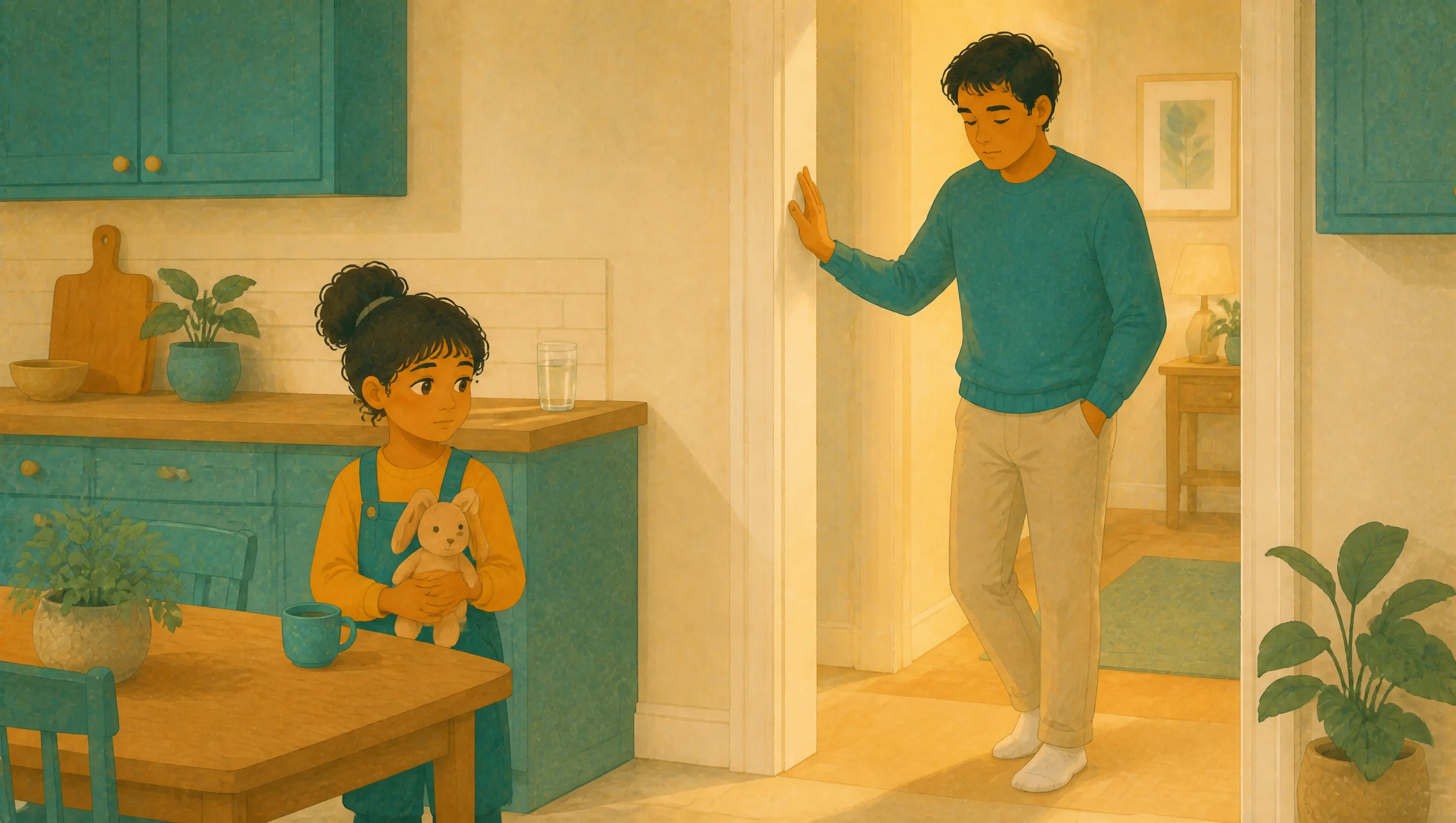 A girl holding a soft toy rabbit stands in a kitchen, glancing towards a man in a doorway with his hand pressed against the wall.
